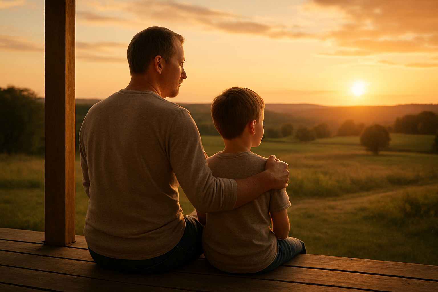 Create a realistic image of a white father and his young son sitting together on a wooden porch at golden hour, the father's arm around the boy's shoulder as they look out toward a peaceful countryside landscape with rolling hills and a warm sunset sky, creating a serene and contemplative mood that conveys guidance, legacy, and spiritual connection, with soft natural lighting casting gentle shadows and highlighting their peaceful expressions, Absolutely NO text should be in the scene.