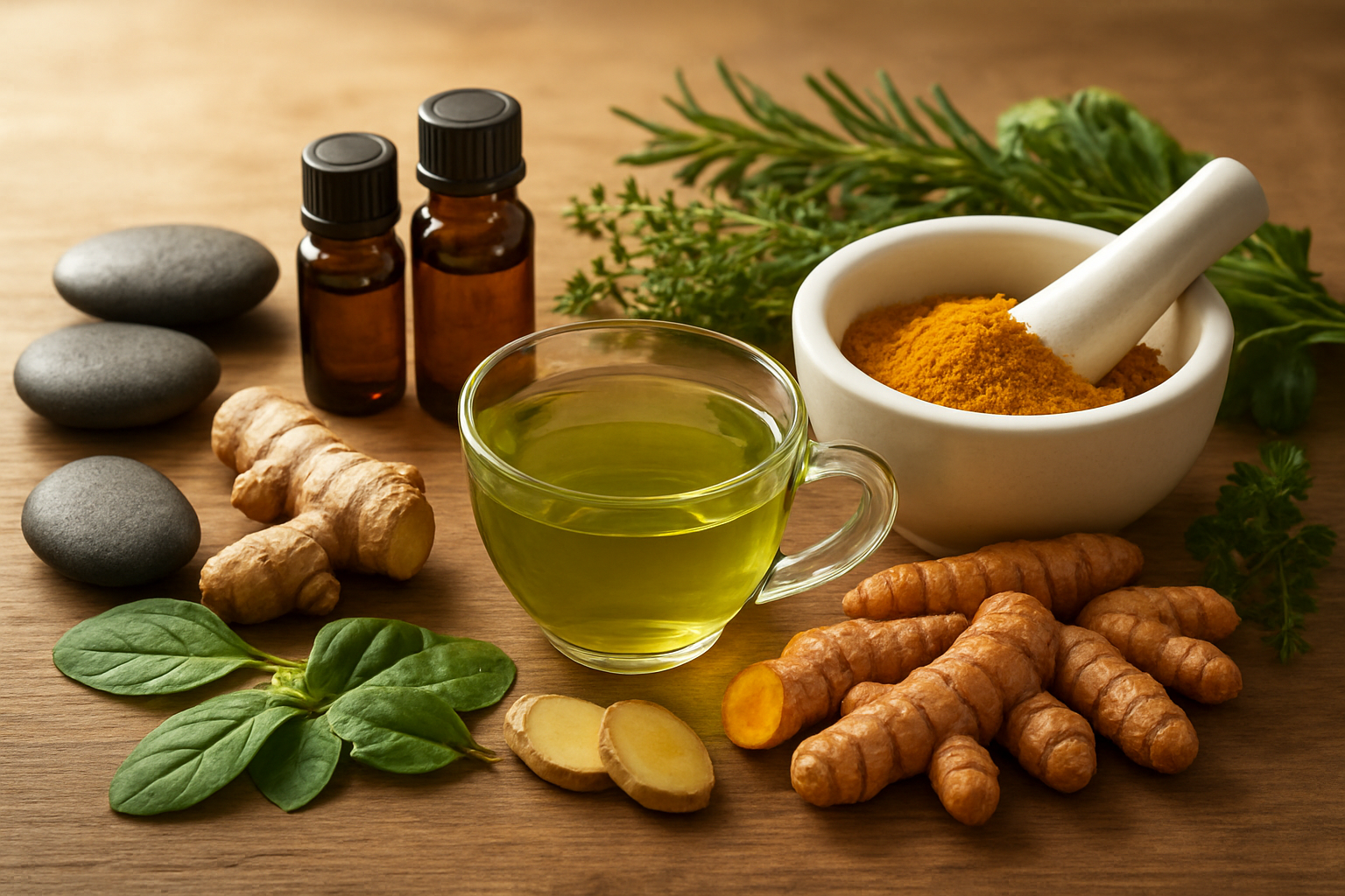 Create a realistic image of a serene wellness scene featuring natural joint health remedies with turmeric roots, ginger pieces, fresh herbs like rosemary and thyme, essential oil bottles, smooth river stones for therapy, a mortar and pestle with ground spices, green tea in a clear glass cup, and fresh leafy vegetables arranged on a natural wooden surface with soft warm lighting filtering through from the side, creating a peaceful holistic health atmosphere that conveys natural healing and anti-aging wellness, absolutely NO text should be in the scene.