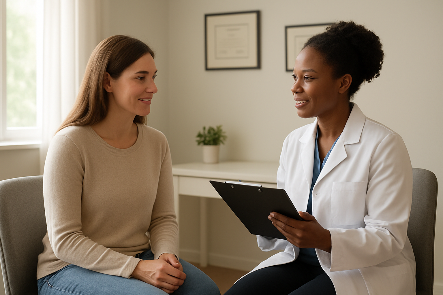Create a realistic image of a peaceful healthcare setting showing a white female patient in her 30s sitting comfortably in a modern medical consultation room, speaking with a compassionate black female healthcare professional who is holding a clipboard, with soft natural lighting streaming through a window, medical diplomas on the wall, a small plant on the desk, and an overall atmosphere of hope and recovery, symbolizing successful completion of medical withdrawal treatment and the beginning of long-term wellness, absolutely NO text should be in the scene.