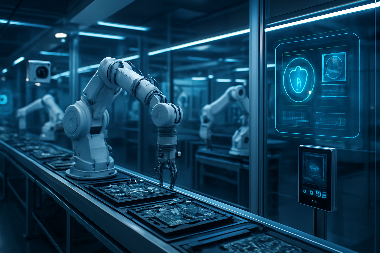 Create a realistic image of a modern high-tech manufacturing facility with advanced robotic arms assembling electronic components on a sleek production line, featuring integrated security systems including facial recognition cameras, digital access control panels, and holographic security displays, with soft blue LED lighting illuminating the clean industrial environment, chrome and glass surfaces reflecting ambient light, and futuristic control interfaces monitoring both production and security processes simultaneously, Absolutely NO text should be in the scene.