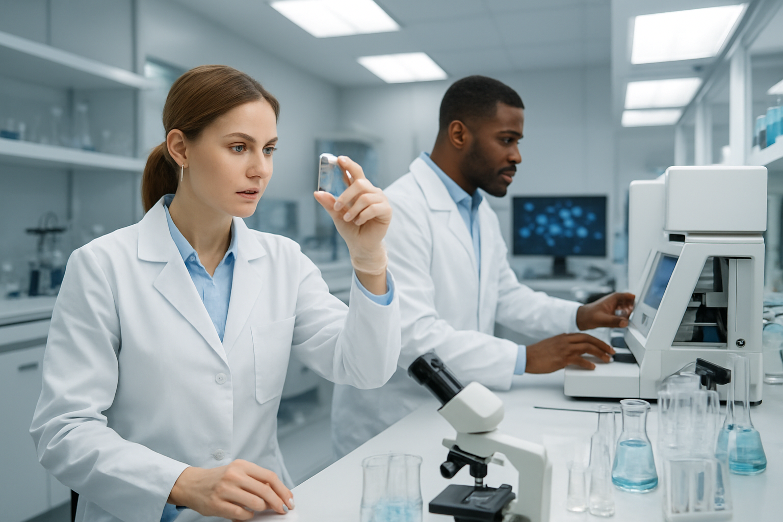 Create a realistic image of a modern pharmaceutical laboratory with sleek white lab benches containing various glass beakers, test tubes, and scientific equipment, featuring a diverse team of researchers including a white female scientist in a lab coat examining a small vial prototype and a black male researcher operating advanced analytical instruments, with sterile LED lighting illuminating the clean workspace, microscopes and computer monitors displaying molecular structures in the background, and an overall professional atmosphere focused on therapeutic development and validation work, absolutely NO text should be in the scene.