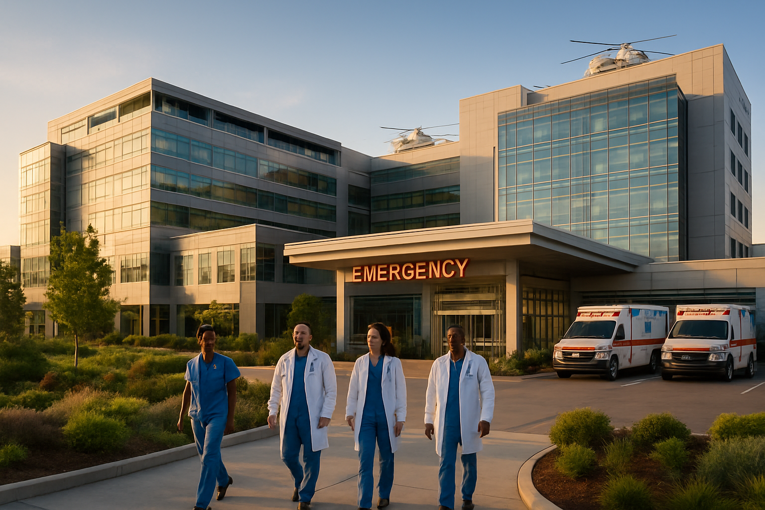 Create a realistic image of a modern hospital exterior at golden hour showing a prestigious medical center with contemporary glass and steel architecture, featuring a prominent emergency entrance with ambulance bay, multiple wings representing different specialized departments, well-maintained landscaping with healing gardens, a few white and black male and female healthcare professionals in scrubs and white coats walking purposefully near the entrance, clear blue sky with soft warm lighting creating an atmosphere of hope and professional excellence, ambulances parked nearby, and medical helicopters visible on a rooftop helipad in the background, conveying the comprehensive nature of top-tier medical care facilities, absolutely NO text should be in the scene.