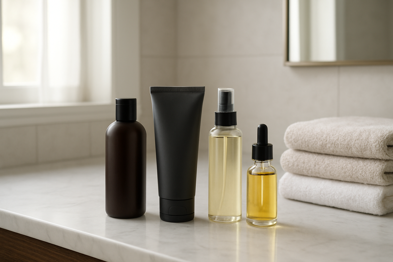 Create a realistic image of a well-organized bathroom counter with professional hair care products specifically for men's hair straightening aftercare, including sulfate-free shampoo bottles, deep conditioning treatments, heat protectant sprays, and natural hair oils neatly arranged, with a clean white marble countertop, soft natural lighting from a window, a wall-mounted mirror in the background, and fresh towels folded nearby, conveying a sense of proper hair care routine and maintenance, absolutely NO text should be in the scene.