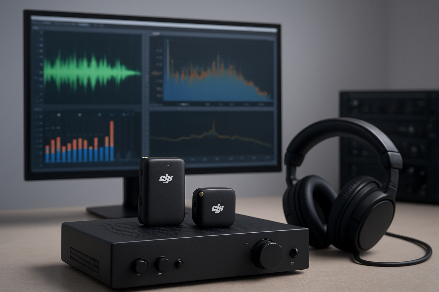 Create a realistic image of a DJI Mic Mini wireless microphone system positioned on a professional audio testing setup with audio waveforms displayed on a computer monitor screen, showing sound level meters and frequency analysis graphs, accompanied by professional headphones and audio equipment in a clean, well-lit studio environment with soft, even lighting that highlights the technical precision of the audio testing process, absolutely NO text should be in the scene.