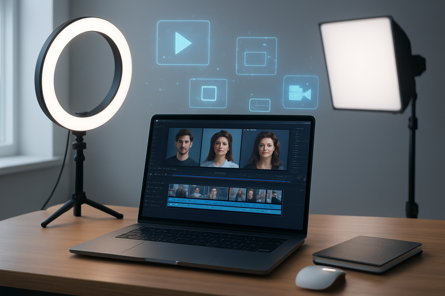 Create a realistic image of a modern office workspace with a sleek laptop displaying a video editing interface with AI-generated avatars and video thumbnails on the screen, surrounded by professional lighting equipment including a ring light and softbox, with digital graphics and holographic video icons floating above the setup, set against a clean minimalist background with soft natural lighting from a nearby window, conveying innovation and cutting-edge technology in video production, absolutely NO text should be in the scene.