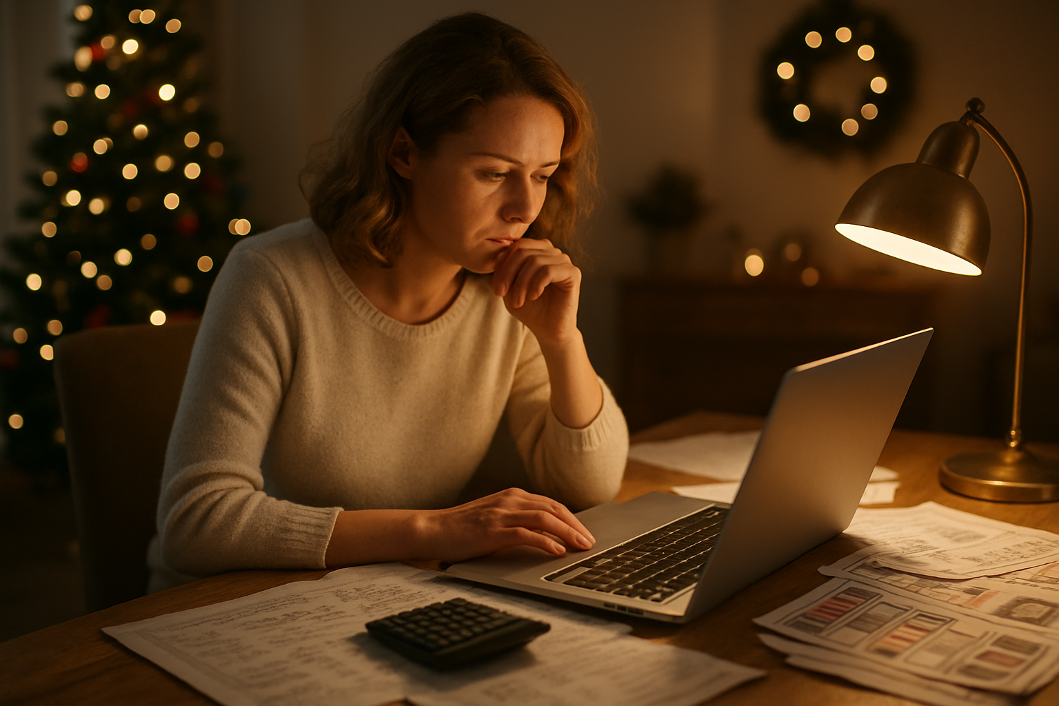 Create a realistic image of a white female sitting at a wooden desk with a laptop open, surrounded by scattered papers with handwritten notes, a calculator, shopping catalogs, and price comparison charts, with a warm desk lamp illuminating the workspace, Christmas decorations visible in the blurred background, conveying a focused and organized planning atmosphere, shot from a slightly elevated angle in soft natural lighting mixed with warm indoor lighting, absolutely NO text should be in the scene.
