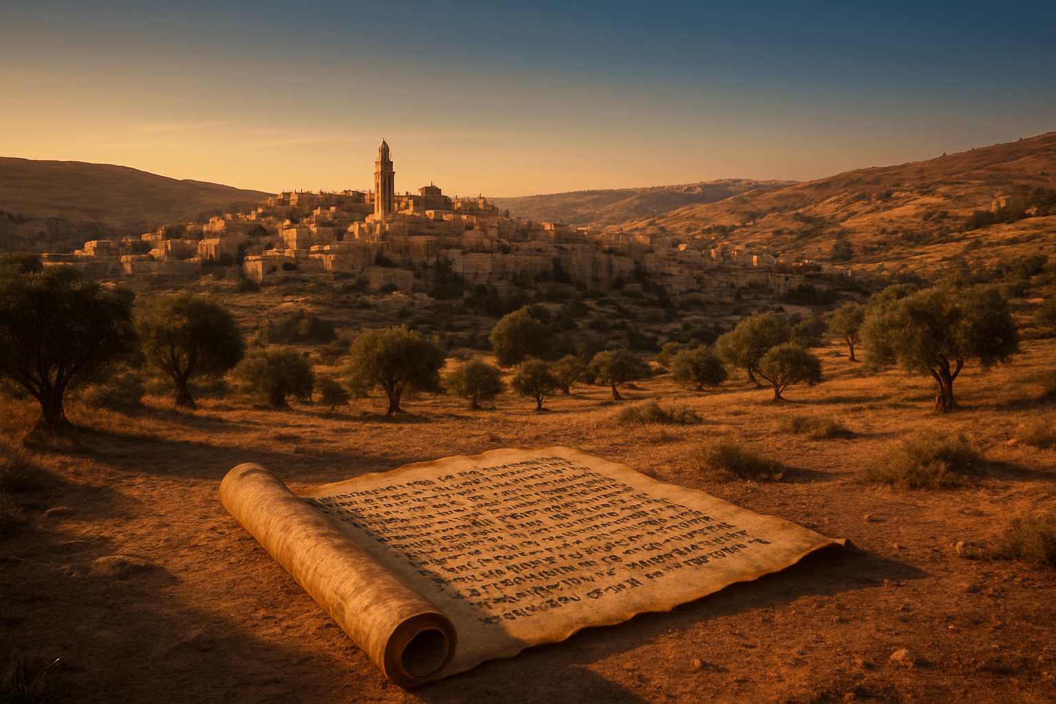 Create a realistic image of an ancient Middle Eastern landscape featuring the historic city of Bethlehem with traditional stone buildings and structures set against rolling hills, an open scroll or ancient parchment in the foreground displaying Hebrew or Aramaic script, warm golden sunlight casting long shadows across the dusty terrain, olive trees scattered throughout the hillsides, and a peaceful, contemplative atmosphere that evokes biblical times and prophetic significance, with deep blue sky transitioning to warm amber tones near the horizon, absolutely NO text should be in the scene.