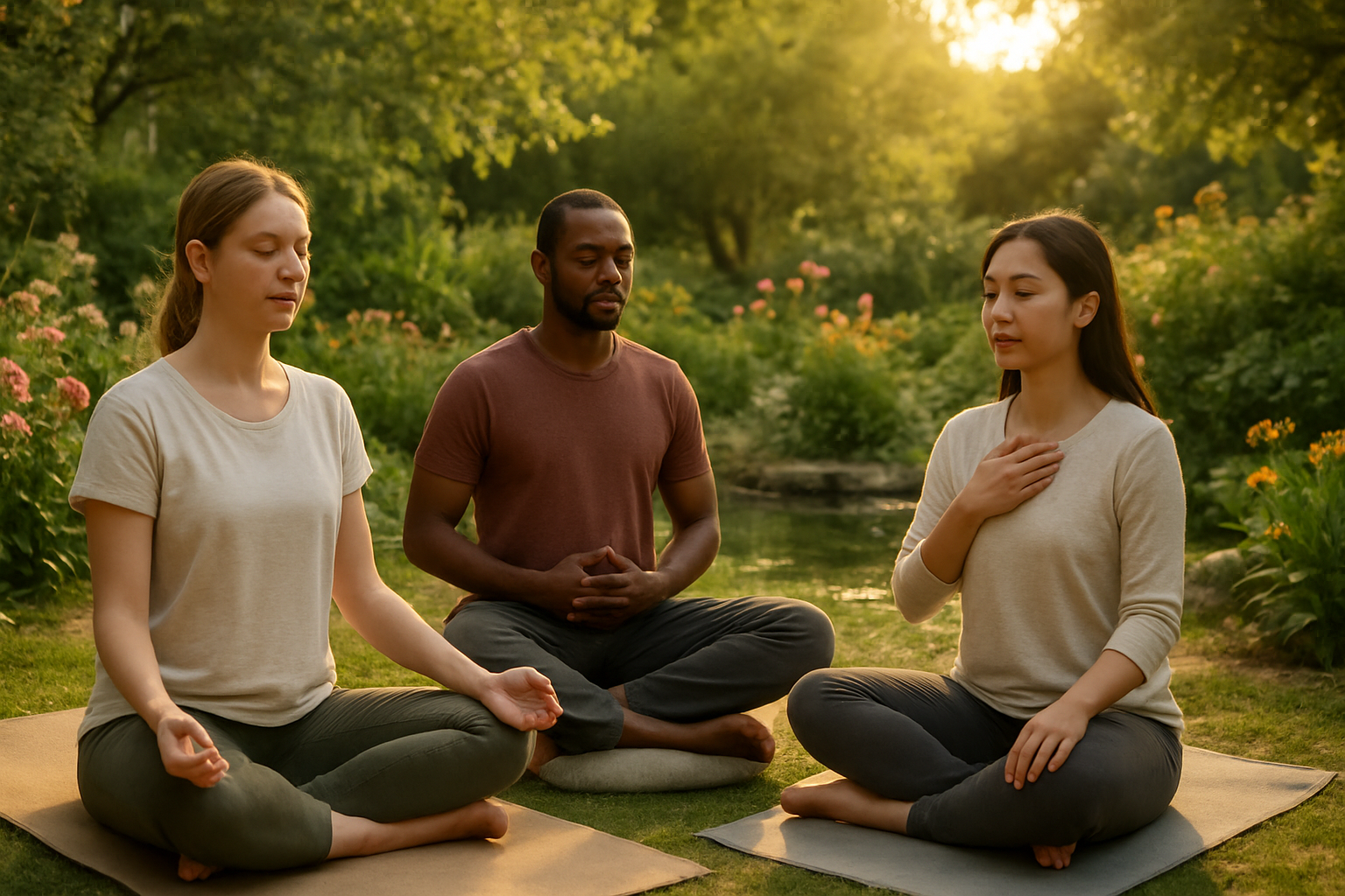 Create a realistic image of a peaceful scene showing a diverse group including a white female, black male, and Asian female sitting in a serene outdoor garden setting with soft natural lighting, some practicing meditation poses with closed eyes, others doing gentle breathing exercises, surrounded by lush greenery, blooming flowers, and a calm water feature, with elements like yoga mats, meditation cushions, and wellness symbols subtly placed in the background, conveying a sense of tranquility, healing, and mental well-being through warm golden hour lighting that creates a hopeful and restorative atmosphere. Absolutely NO text should be in the scene.