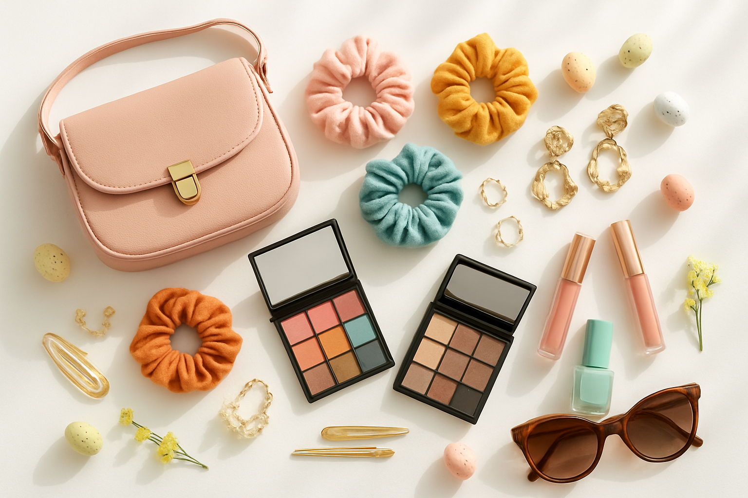 Create a realistic image of a stylish collection of fashion and beauty items arranged on a clean white surface, including trendy accessories like layered necklaces, colorful scrunchies, statement earrings, makeup palettes with vibrant colors, lip glosses, nail polish bottles in pastel shades, a cute crossbody bag, sunglasses, and hair accessories, with soft natural lighting creating gentle shadows, Easter-themed elements like small decorative eggs or spring flowers subtly placed around the items, warm and inviting atmosphere that appeals to teenagers, absolutely NO text should be in the scene.