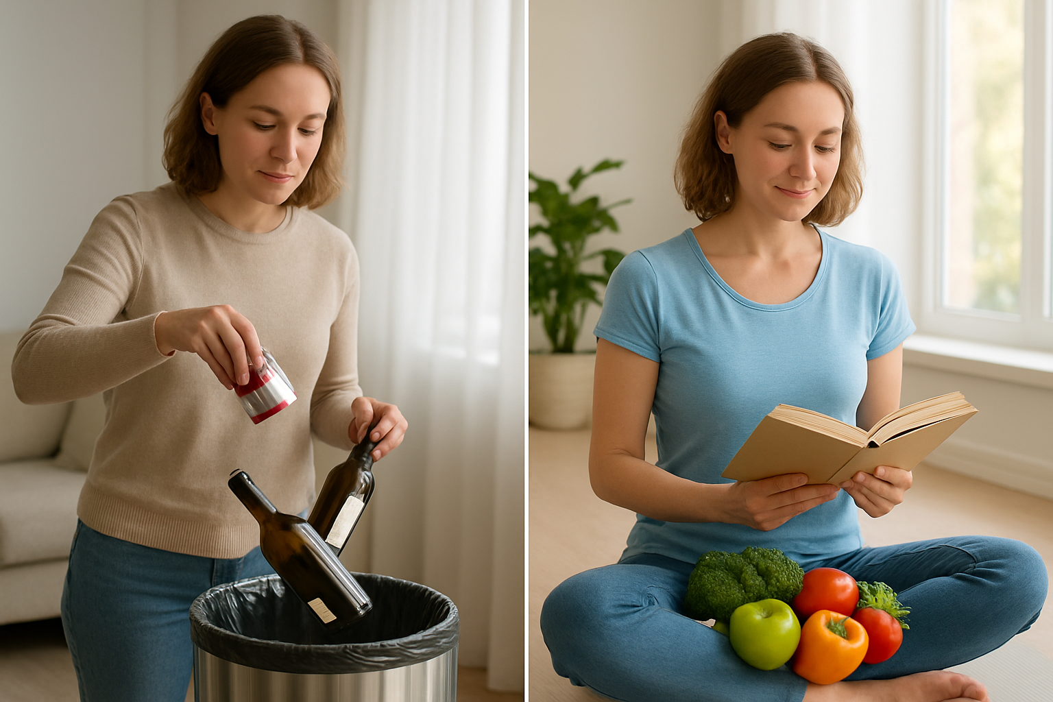 Create a realistic image of a split-screen composition showing a white female in her thirties on the left side throwing cigarettes and alcohol bottles into a trash can, while on the right side she is engaged in positive activities like reading a book, doing yoga, and holding fresh fruits and vegetables, with a bright, clean indoor setting featuring natural lighting from large windows, conveying transformation and hope, absolutely NO text should be in the scene.
