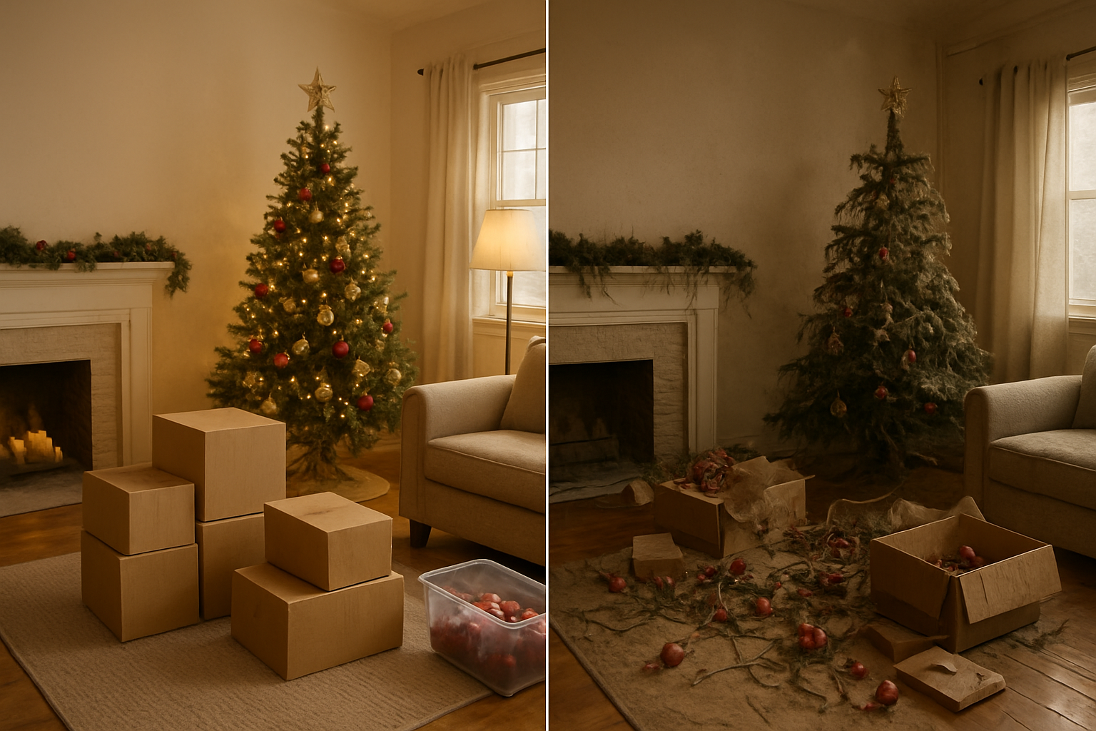 Create a realistic image of a split-screen comparison showing two living rooms with Christmas decorations in different stages of removal, one side showing early January with neatly organized boxes and partially removed decorations creating a tidy atmosphere, the other side showing late January or February with dusty, wilted decorations still hanging and a cluttered disorganized appearance, both rooms featuring Christmas trees, ornaments, garland, and holiday lights, warm indoor lighting contrasting the organized versus chaotic environments, absolutely NO text should be in the scene.