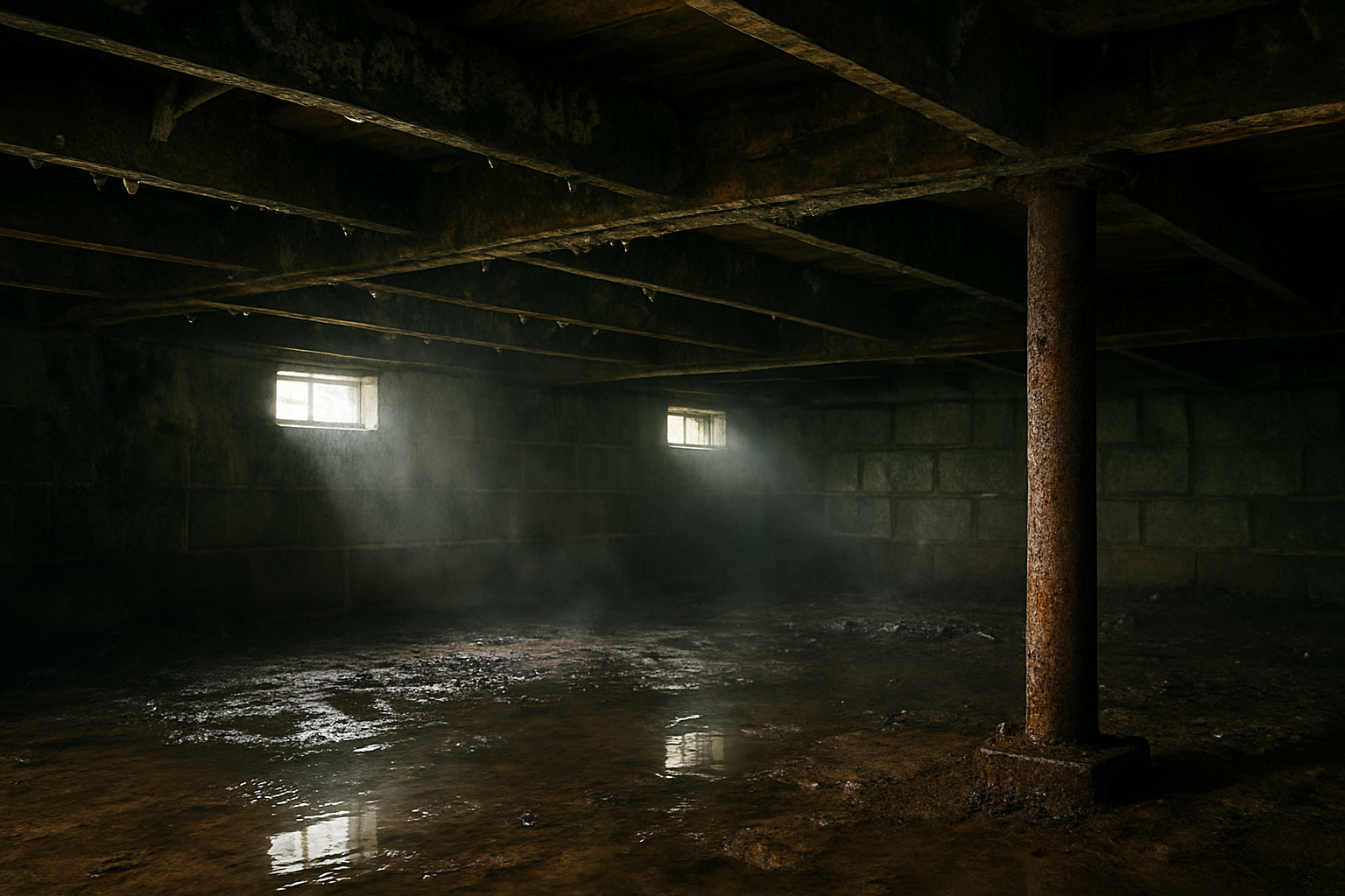 Create a realistic image of a dark, damp crawl space underneath a house showing clear signs of moisture problems including water puddles on the dirt floor, condensation droplets on wooden floor joists and beams, visible mold growth on wood surfaces, rusted metal supports, and humidity creating a misty atmosphere, with natural lighting filtering through small foundation vents illuminating the problematic moisture conditions, absolutely NO text should be in the scene.