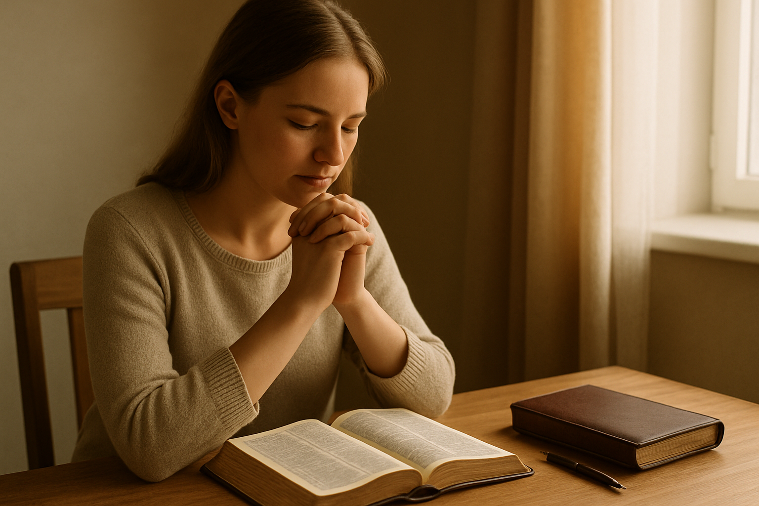 Create a realistic image of a peaceful indoor scene showing a white female sitting at a wooden table with an open Bible, a leather-bound journal with a pen beside it, and her hands folded in prayer, surrounded by soft natural lighting from a nearby window, with a warm and serene atmosphere that conveys spiritual contemplation and devotion, absolutely NO text should be in the scene.