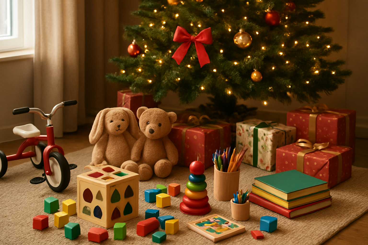 Create a realistic image of a cozy Christmas living room scene with a decorated Christmas tree in the background, featuring a diverse collection of toddler gifts neatly arranged under and around the tree including colorful educational toys, building blocks, stuffed animals, art supplies, books, a small tricycle, and wrapped presents in festive paper, with warm golden lighting from string lights on the tree and natural window light creating a welcoming holiday atmosphere, shot from a slightly elevated angle to showcase the variety of gift categories, absolutely NO text should be in the scene.