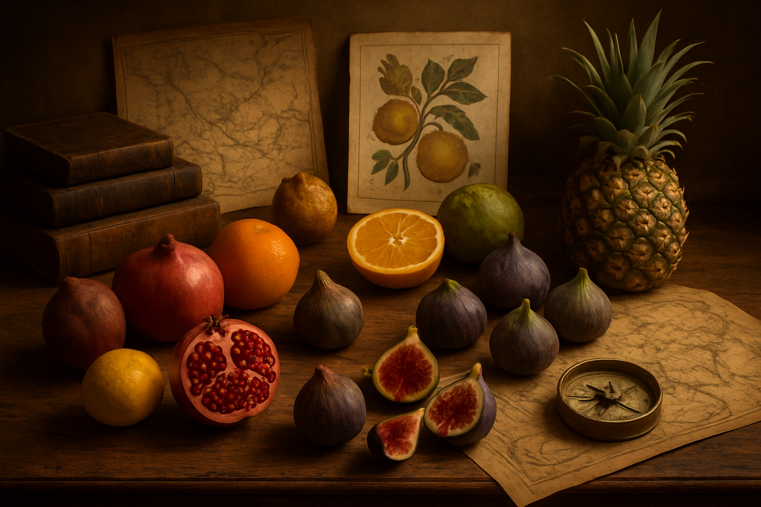 Create a realistic image of an antique wooden table displaying a collection of exotic fruits from different historical periods and regions, including pomegranates, figs, citrus fruits, and tropical varieties, alongside aged parchment maps showing ancient trade routes, vintage botanical illustrations, old leather-bound books, and a brass compass, with warm golden lighting creating shadows that emphasize the historical atmosphere of discovery and exploration, absolutely NO text should be in the scene.