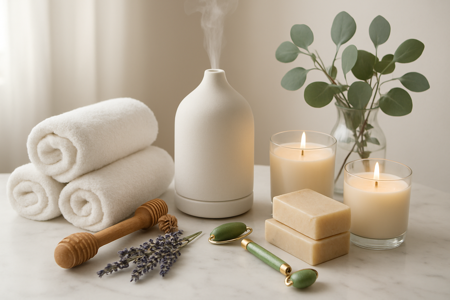 Create a realistic image of an elegant arrangement of self-care items including a white ceramic diffuser with steam rising, rolled white towels, a wooden massage roller, lavender sprigs, natural soap bars, a jade face roller, scented candles in glass containers, and eucalyptus branches arranged on a clean white marble surface with soft natural lighting from a window creating gentle shadows, conveying a peaceful spa-like atmosphere that promotes relaxation and well-being, absolutely NO text should be in the scene.