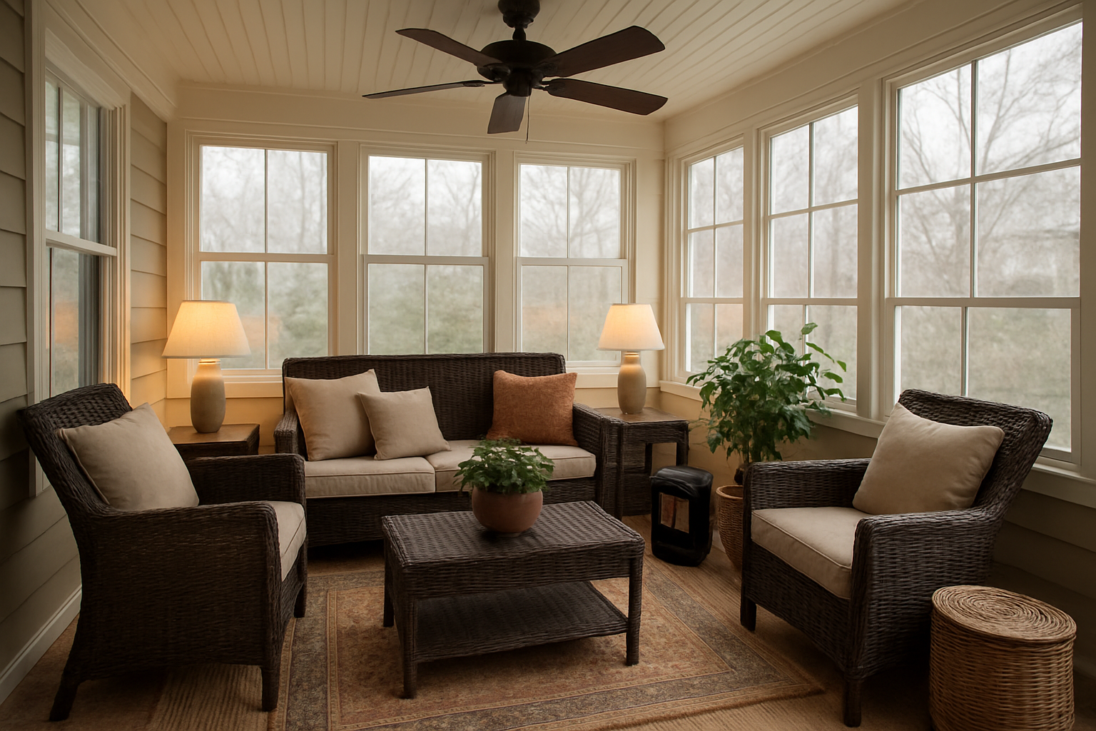 Create a realistic image of a well-designed enclosed porch interior featuring practical year-round elements including weather-resistant wicker furniture with cozy cushions, a ceiling fan for air circulation, insulated windows, a small space heater in the corner, layered rugs on the floor, warm ambient lighting from table lamps, potted plants that thrive indoors, and storage baskets, with natural daylight streaming through the windows creating a comfortable and functional living space suitable for all seasons, absolutely NO text should be in the scene.