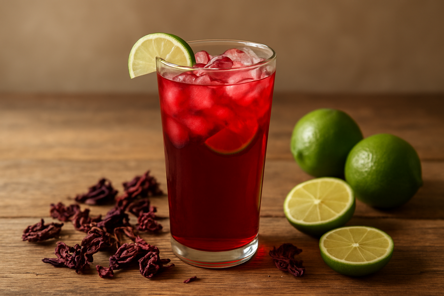 Create a realistic image of a tall glass filled with vibrant ruby-red iced hibiscus tea, garnished with fresh lime wedges on the rim and floating ice cubes, placed on a rustic wooden table with dried hibiscus flowers scattered around the base, a few whole limes and lime slices nearby, soft natural lighting creating gentle shadows, warm and refreshing atmosphere suggesting a cooling beverage perfect for hot weather, absolutely NO text should be in the scene.