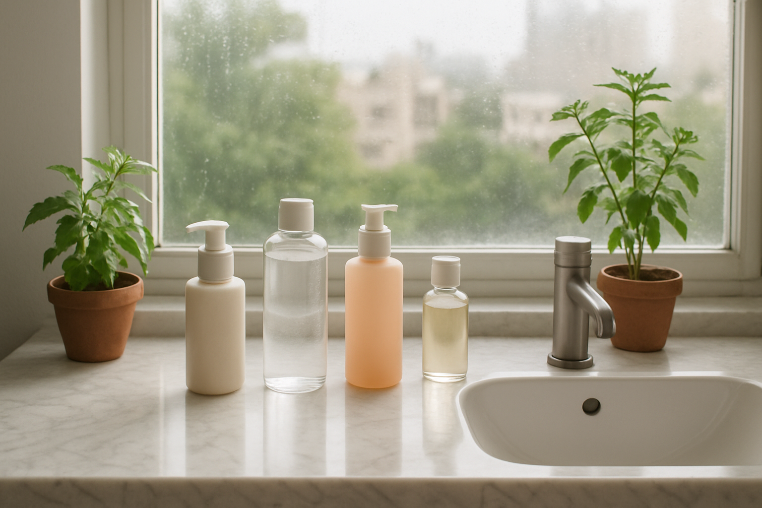 Create a realistic image of a modern bathroom vanity with skincare cleansing products specifically arranged for humid weather skincare, featuring gentle foaming cleansers, micellar water, and oil-based cleansers on a marble countertop, with a clean white sink, natural daylight streaming through a window showing Bangalore's urban landscape with greenery, water droplets on glass suggesting humidity, fresh tropical plants like neem or tulsi in small pots nearby, soft morning lighting creating a fresh and clean atmosphere, absolutely NO text should be in the scene.