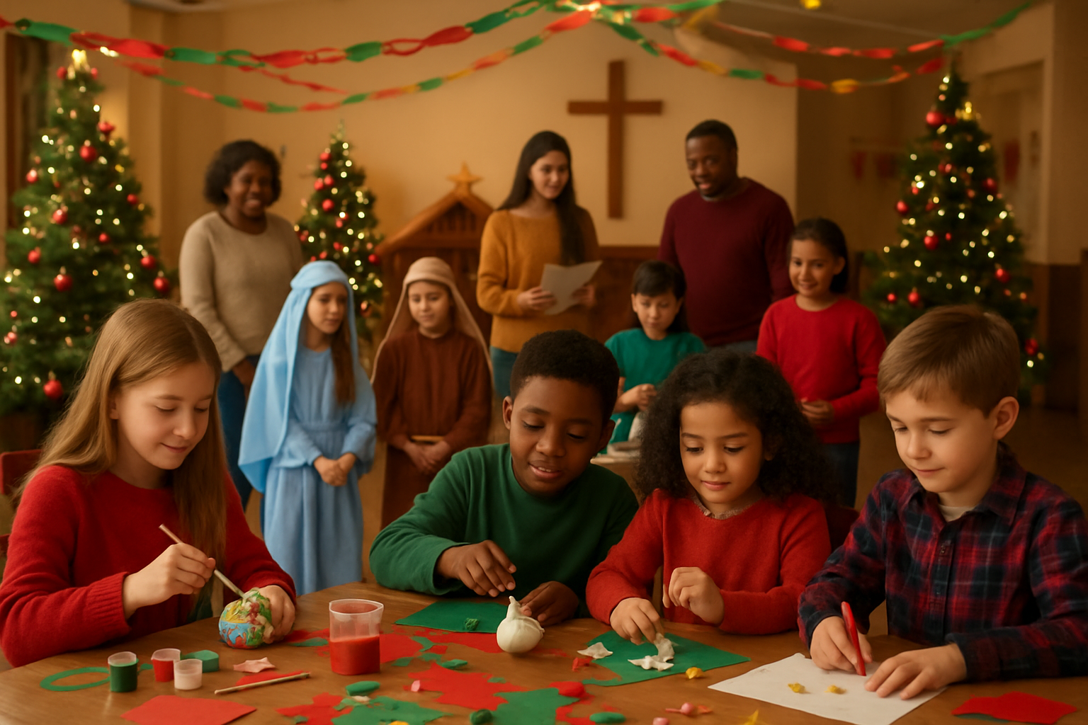 Create a realistic image of a diverse group of children and youth of various races including white, black, and Hispanic children, both male and female, ages 5-16, participating in creative Christmas activities in a warm, welcoming church fellowship hall with decorated Christmas trees, colorful streamers, and holiday decorations, showing kids engaged in making Christmas crafts, painting ornaments, and rehearsing for a nativity play while adult volunteers of different races supervise in the background, with soft warm lighting creating a joyful festive atmosphere, absolutely NO text should be in the scene.