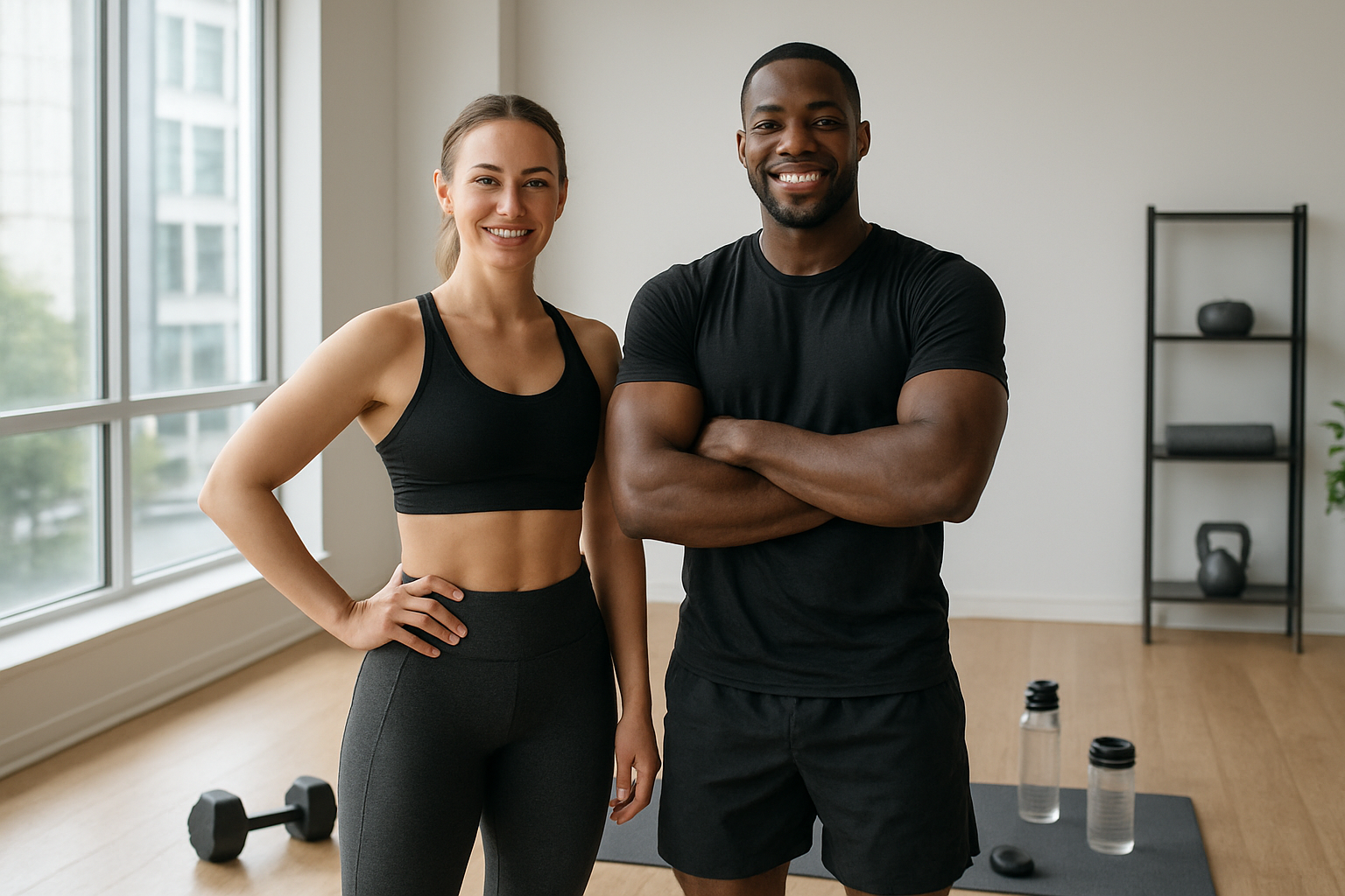 Create a realistic image of a diverse group showing a white female and black male in athletic wear standing together with confident, accomplished expressions after completing their workout, surrounded by various exercise equipment including dumbbells, yoga mat, water bottles, and a fitness tracker, in a bright modern gym or home fitness space with natural lighting streaming through large windows, conveying a sense of achievement, success, and completion of fitness goals, with a clean and motivating atmosphere that represents the culmination of a successful daily exercise routine journey, absolutely NO text should be in the scene.