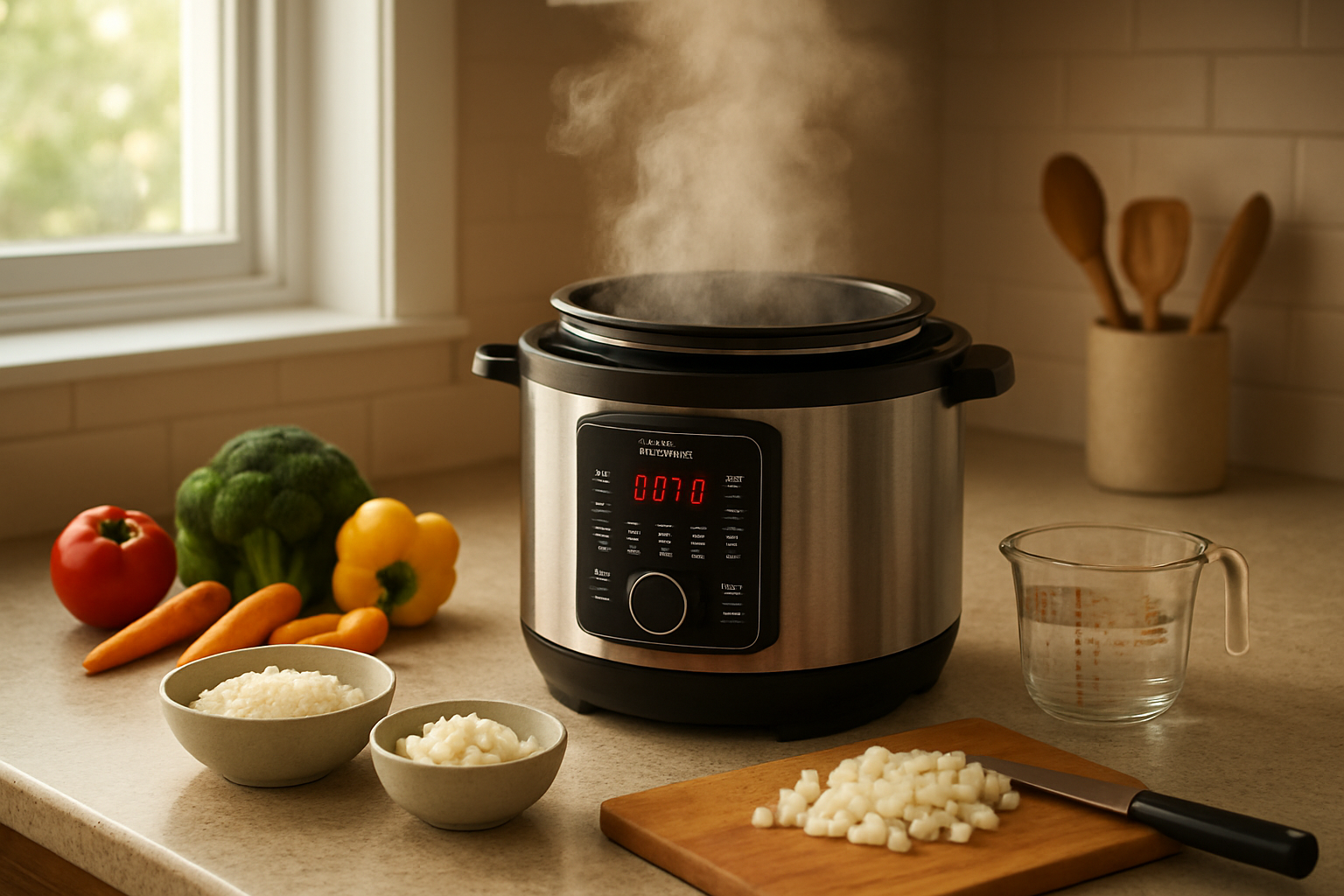 Create a realistic image of a modern kitchen counter showing the Nutricook Smart Pot Electric Pressure Cooker 4L in active daily use, with steam gently rising from the cooker, surrounded by fresh ingredients like vegetables and rice in small bowls, a wooden cutting board with chopped onions, measuring cups, and kitchen utensils, shot from a slightly elevated angle with warm natural lighting from a nearby window, creating a cozy home cooking atmosphere that demonstrates practical everyday meal preparation, absolutely NO text should be in the scene.