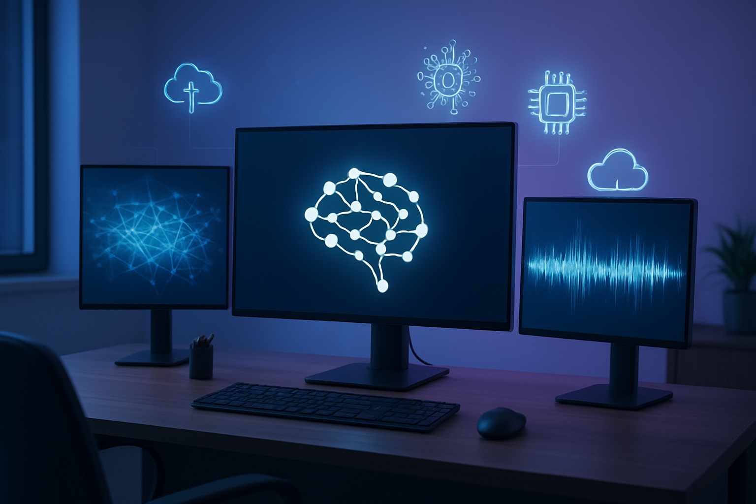 Create a realistic image of a modern tech workspace showing a sleek computer workstation with multiple monitors displaying AI neural network visualizations and voice waveform patterns, surrounded by floating holographic icons representing cloud services and machine learning algorithms, with a sophisticated Amazon Bedrock logo prominently featured on the central screen, set against a clean minimalist office environment with soft blue and purple ambient lighting that emphasizes the advanced AI technology theme, absolutely NO text should be in the scene.