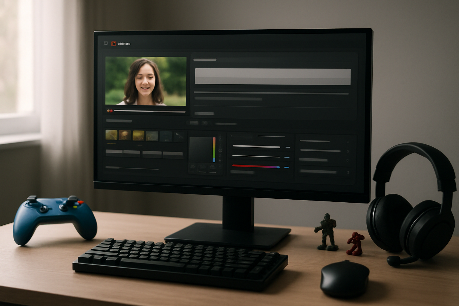 Create a realistic image of a computer workstation showing a desktop monitor displaying YouTube's video upload interface with thumbnail editing tools and title optimization features visible on screen, a wireless mouse and mechanical keyboard on a clean desk, with colorful gaming controller, headset, and small gaming figurines as complementary elements, soft natural lighting from a window creating a focused creative workspace atmosphere, absolutely NO text should be in the scene.