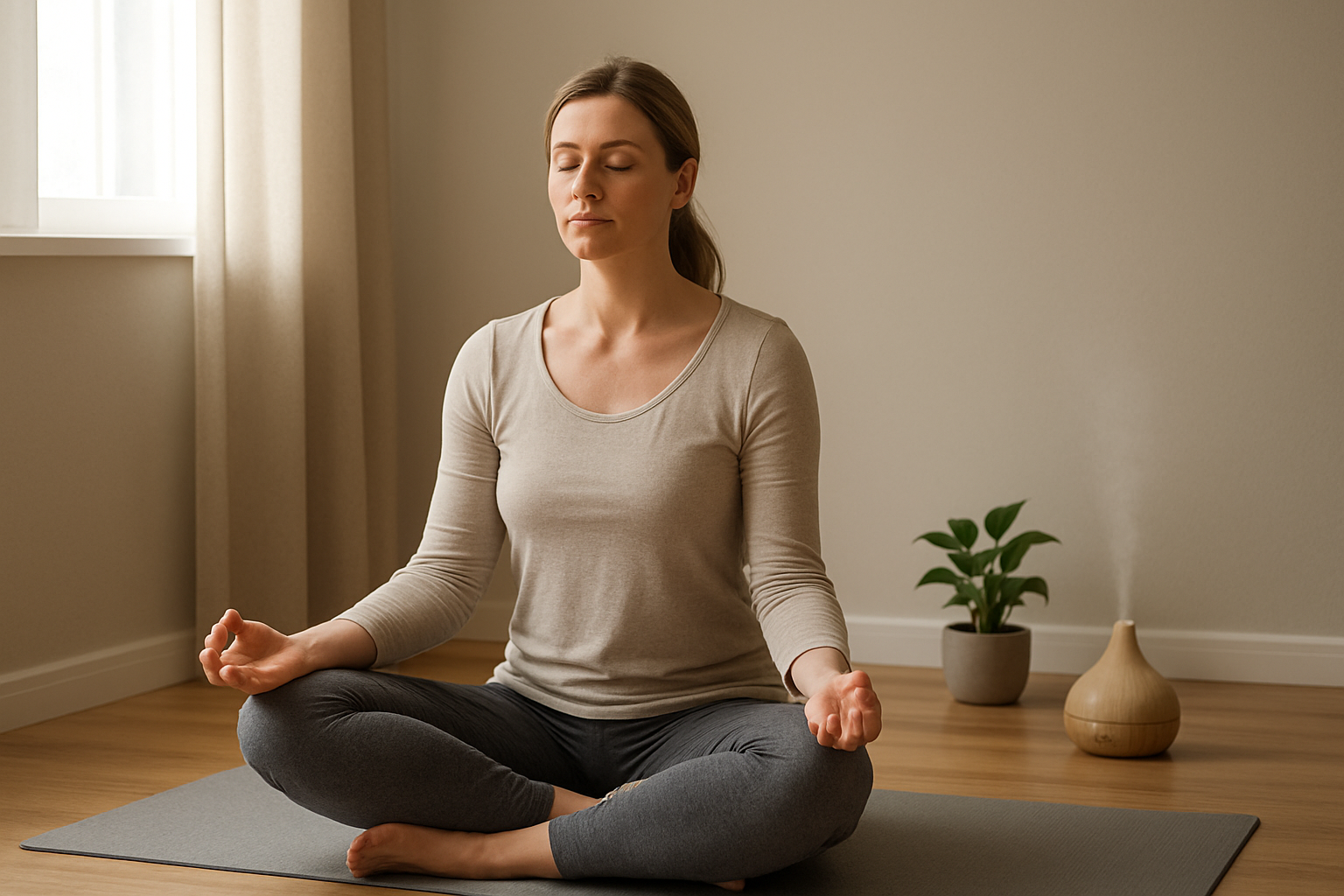 Create a realistic image of a calm white female in her 30s sitting cross-legged on a yoga mat in a peaceful indoor setting, eyes closed in deep breathing meditation, with soft natural lighting streaming through a nearby window, surrounded by minimal zen elements like a small potted plant and essential oil diffuser releasing gentle mist, capturing a serene atmosphere of immediate stress relief and mindfulness practice, shot from a medium distance to show her relaxed posture and tranquil environment, absolutely NO text should be in the scene.