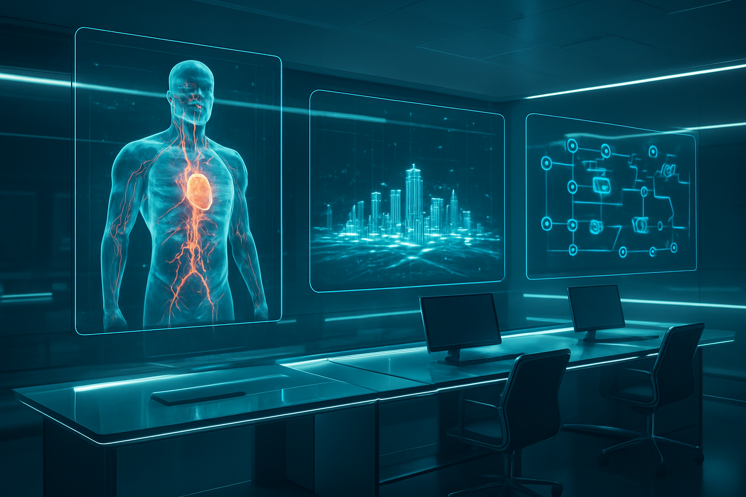 Create a realistic image of a futuristic control room or command center with multiple large holographic displays showing three distinct digital twin simulations: a 3D rotating human anatomical model with glowing organs and blood vessels, a detailed miniature smart city with illuminated buildings and flowing data streams, and a customer journey flowchart with interconnected nodes and pathways, all floating above sleek modern workstations with soft blue and white ambient lighting, clean minimalist design with glass surfaces and chrome accents, high-tech atmosphere suggesting innovation and advanced technology integration, absolutely NO text should be in the scene.