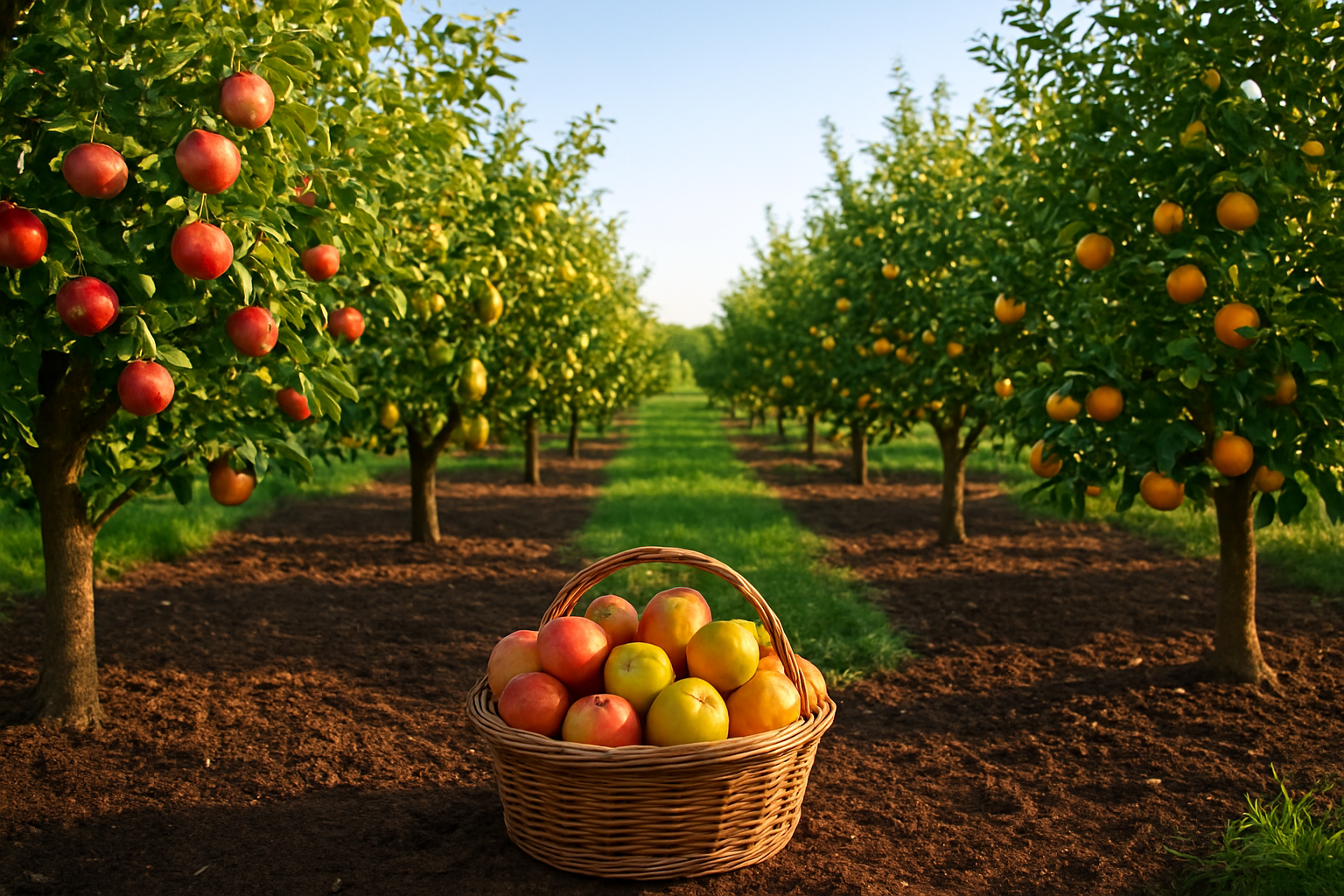 Create a realistic image of a thriving fruit orchard with multiple varieties of fruit trees including apple, pear, and citrus trees heavy with ripe colorful fruits, neatly organized rows showing proper spacing and layout, a wooden basket filled with freshly harvested fruits sitting on rich dark soil in the foreground, warm golden hour lighting casting gentle shadows between the trees, lush green foliage indicating healthy well-maintained plants, a peaceful rural farm setting with clear blue sky in the background, absolutely NO text should be in the scene.