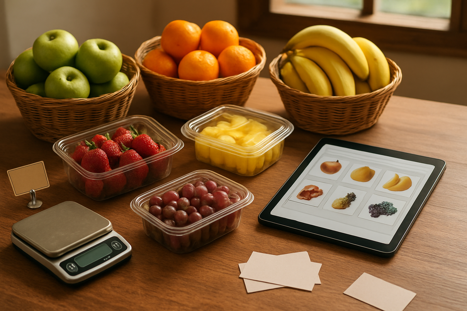 Create a realistic image of a diverse array of fruit business models displayed on a wooden table, featuring fresh whole fruits in baskets, packaged fruit products in clear containers, a small digital scale, price tags, a tablet showing an online store interface, and a few business cards scattered nearby, with warm natural lighting coming from a window, creating an entrepreneurial planning atmosphere, absolutely NO text should be in the scene.