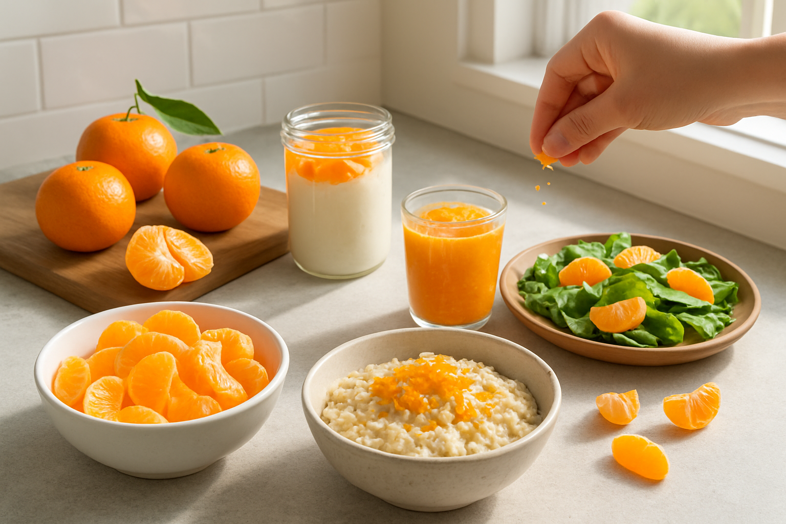 Create a realistic image of a modern kitchen countertop showcasing various easy ways to incorporate mandarins into daily meals, featuring fresh whole mandarins, peeled mandarin segments in a white bowl, mandarin slices on yogurt in a glass jar, mandarin pieces mixed into a green salad on a wooden plate, a smoothie glass with visible mandarin segments, and mandarin zest being sprinkled over oatmeal in a ceramic bowl, with natural morning light streaming through a nearby window creating a bright and healthy atmosphere, shot from a slightly elevated angle to show all the different food preparations clearly, Absolutely NO text should be in the scene.