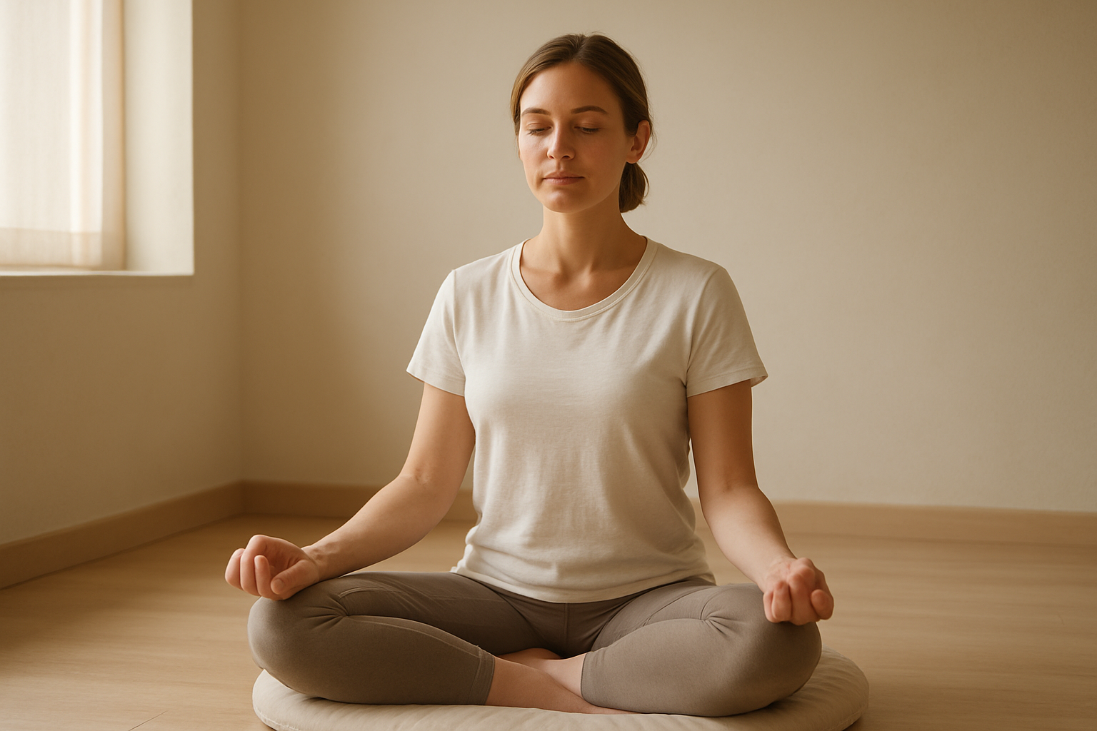 Create a realistic image of a serene white female in her 30s sitting cross-legged in a peaceful meditation pose with eyes gently closed and hands resting on her knees, focusing on her natural breathing with subtle chest movement, positioned on a soft meditation cushion in a minimalist indoor space with warm natural lighting filtering through a window, surrounded by a clean uncluttered background in soft neutral tones that conveys tranquility and mindfulness, absolutely NO text should be in the scene.