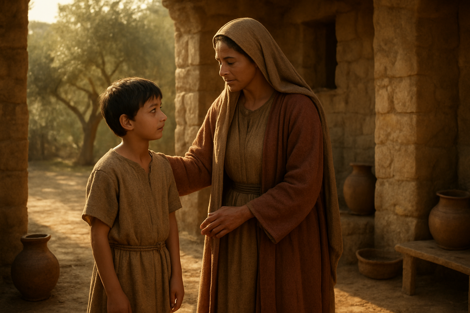 Create a realistic image of a Middle Eastern woman in her 40s wearing traditional biblical-era robes in earth tones, gently placing her hand on the shoulder of a young boy around 8-10 years old also in simple ancient clothing, both standing in a rustic stone courtyard of an ancient home with soft golden sunlight filtering through, olive trees visible in the background, the woman's expression showing wisdom and divine purpose while the boy looks up at her with respect, clay pottery and simple household items scattered nearby, warm peaceful atmosphere suggesting guidance and spiritual nurturing, absolutely NO text should be in the scene.