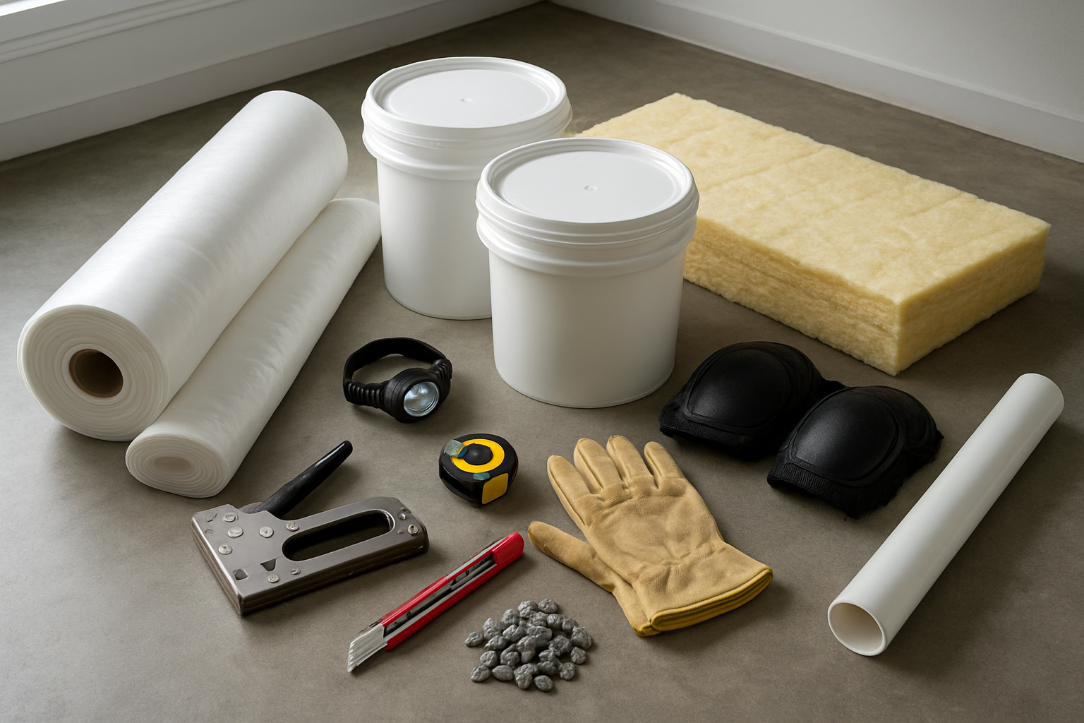 Create a realistic image of essential crawl space encapsulation materials and tools neatly organized on a clean garage floor or workshop surface, including rolls of thick white vapor barrier plastic sheeting, sealed buckets of waterproof sealant and adhesive, a heavy-duty staple gun, utility knife with extra blades, measuring tape, work gloves, knee pads, flashlight or headlamp, insulation materials, and drainage supplies like PVC pipes and gravel, with natural lighting from a nearby window creating clear visibility of all materials, maintaining a professional and organized appearance that conveys preparation for a home improvement project, absolutely NO text should be in the scene.