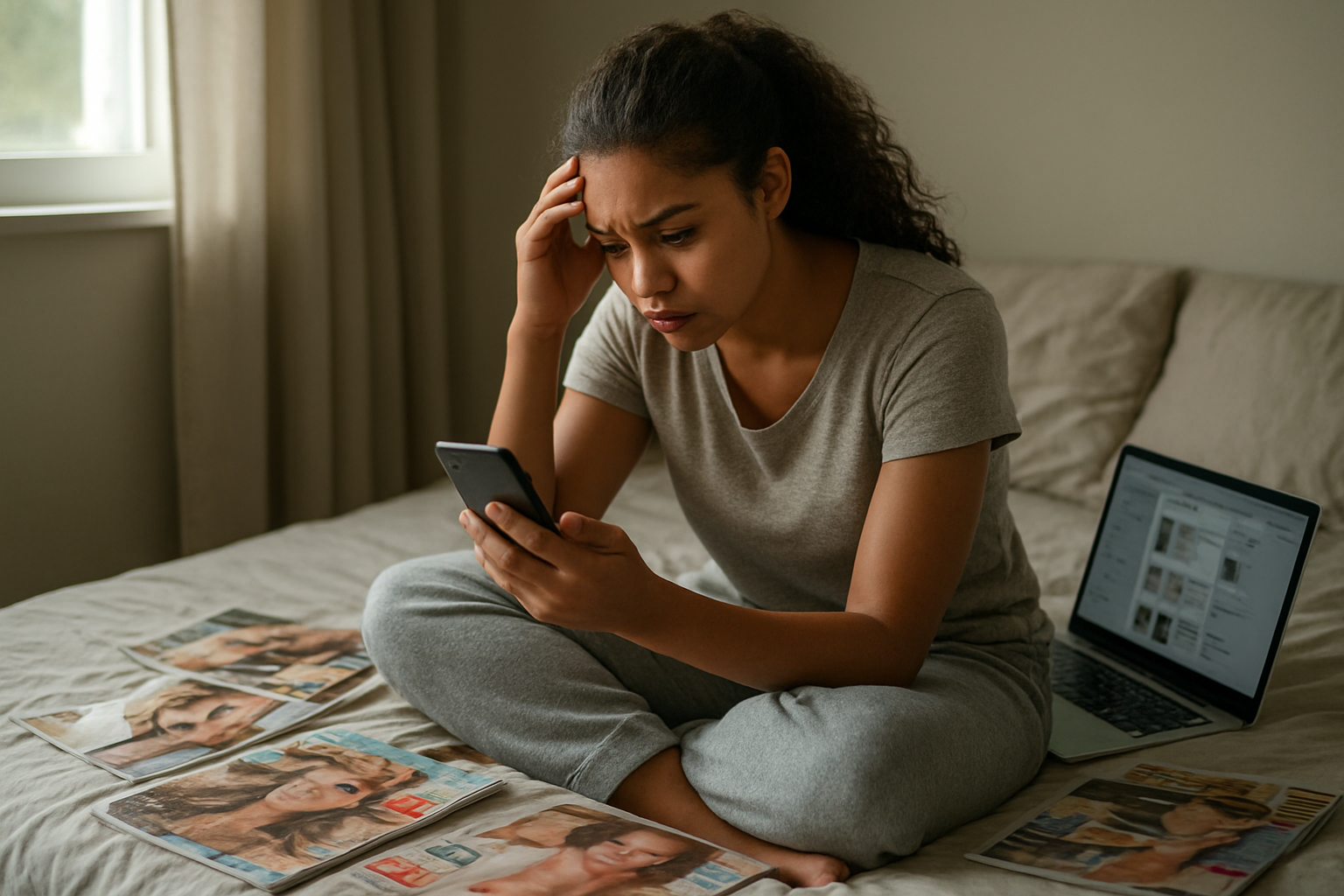 Create a realistic image of a young woman of mixed race sitting on her bed looking at her smartphone with a concerned expression, surrounded by beauty and fitness magazines scattered around her, with a laptop displaying social media feeds open nearby, soft natural lighting coming through a window creating shadows that emphasize her contemplative mood, absolutely NO text should be in the scene.