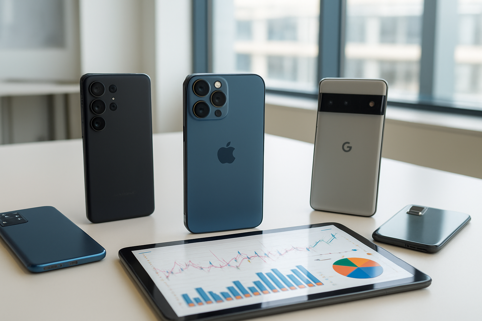 Create a realistic image of a modern smartphone market analysis scene showing multiple flagship smartphones from different brands arranged on a sleek white desk surface, with an iPhone prominently positioned in the center, surrounded by competitor devices, alongside a digital tablet displaying colorful market timing charts and graphs, set in a bright contemporary office environment with natural lighting from large windows, creating a professional business atmosphere that conveys strategic market positioning and timing analysis, absolutely NO text should be in the scene.