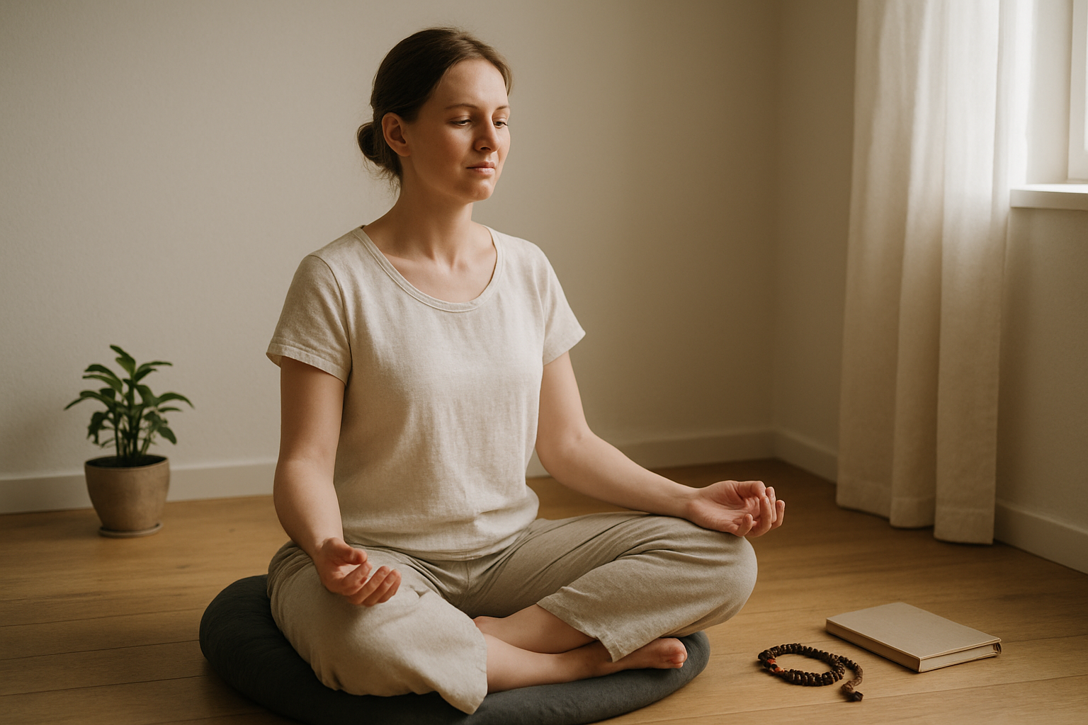 Create a realistic image of a serene white female in her 30s sitting cross-legged on a meditation cushion with eyes gently closed and hands resting peacefully on her knees, positioned in a calm minimalist room with soft natural lighting streaming through a window, featuring subtle elements like a small potted plant, meditation beads, and a journal nearby on a wooden floor, capturing a sense of completion and inner peace that represents the successful conclusion of a meditation practice journey. Absolutely NO text should be in the scene.