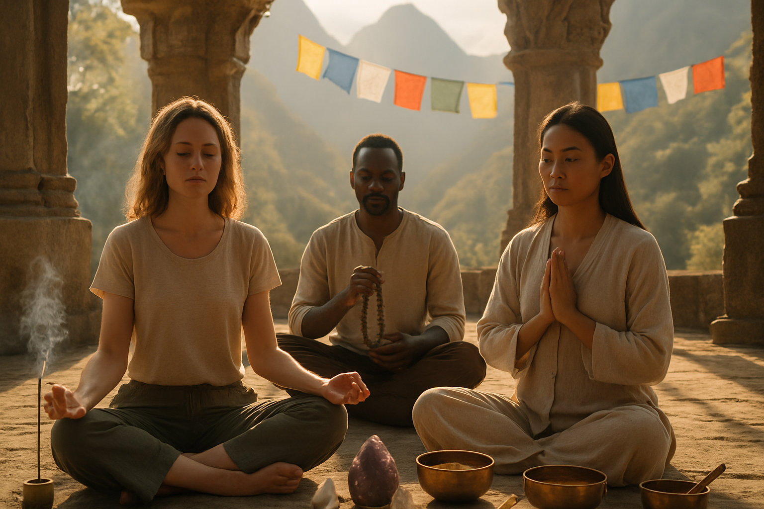 Create a realistic image of a diverse group of travelers practicing meditation and spiritual rituals in a serene mountain temple setting, featuring a white female traveler in lotus position, a black male participant holding prayer beads, and an Asian female guide leading a mindfulness session, surrounded by burning incense, crystal formations, singing bowls, and prayer flags fluttering in the breeze, with soft golden hour lighting filtering through ancient stone architecture and misty peaks in the background, conveying a peaceful and transformative spiritual journey atmosphere, absolutely NO text should be in the scene.