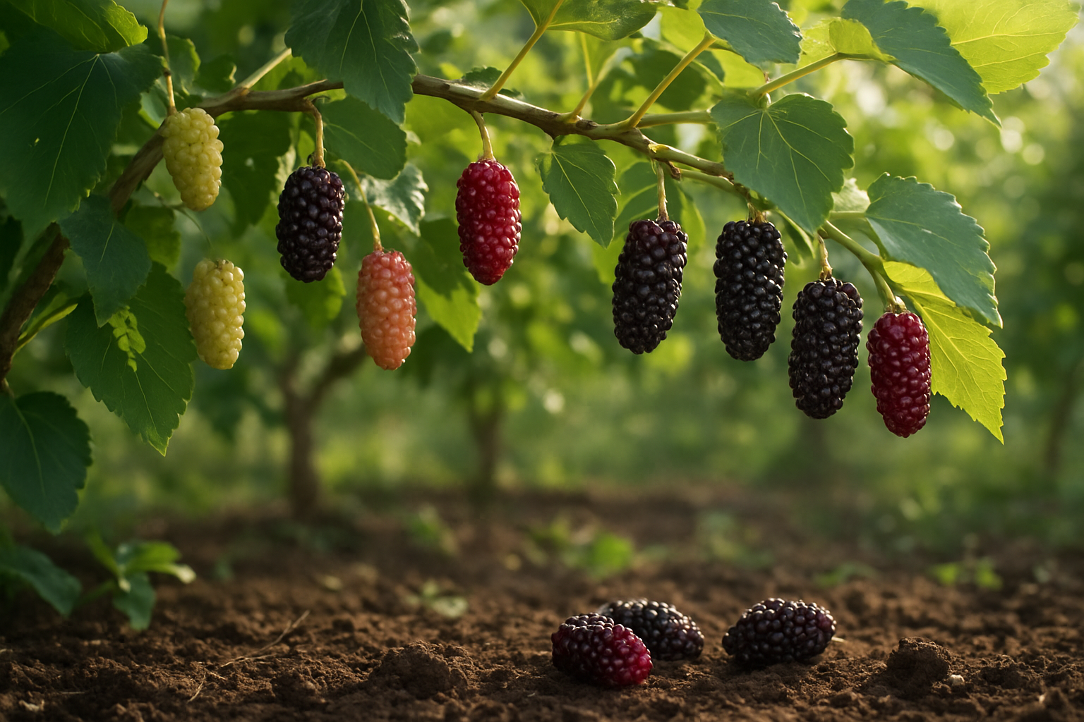 Create a realistic image of fresh mulberries in various stages of ripeness from white to deep purple hanging on leafy mulberry tree branches, with a few scattered ripe mulberries on rich dark soil beneath the tree, set in a natural orchard environment with soft morning sunlight filtering through the foliage, showing the natural habitat and growth cycle of mulberries to illustrate their botanical origins, absolutely NO text should be in the scene.