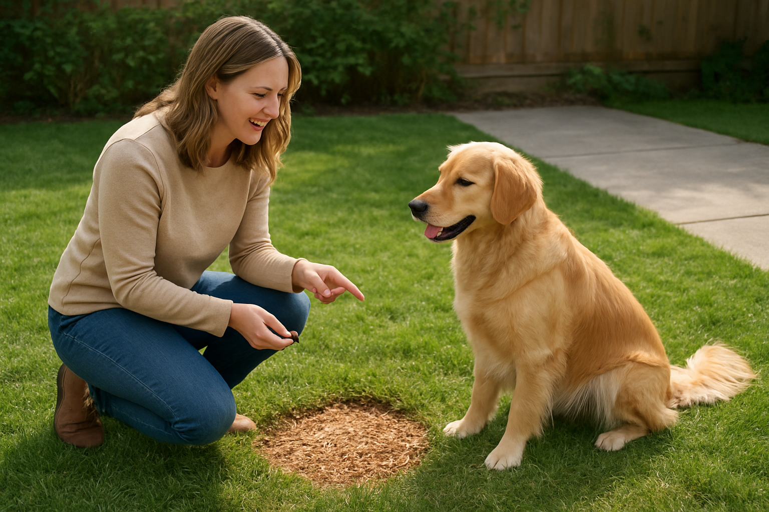 Create a realistic image of a white female dog owner in her 30s kneeling on grass in a backyard, using positive reinforcement training with her medium-sized golden retriever dog near a designated bathroom area marked with wood chips, holding training treats in her hand while pointing to the correct spot, with a concrete patio visible in the background, bright natural daylight, encouraging and patient mood, absolutely NO text should be in the scene.