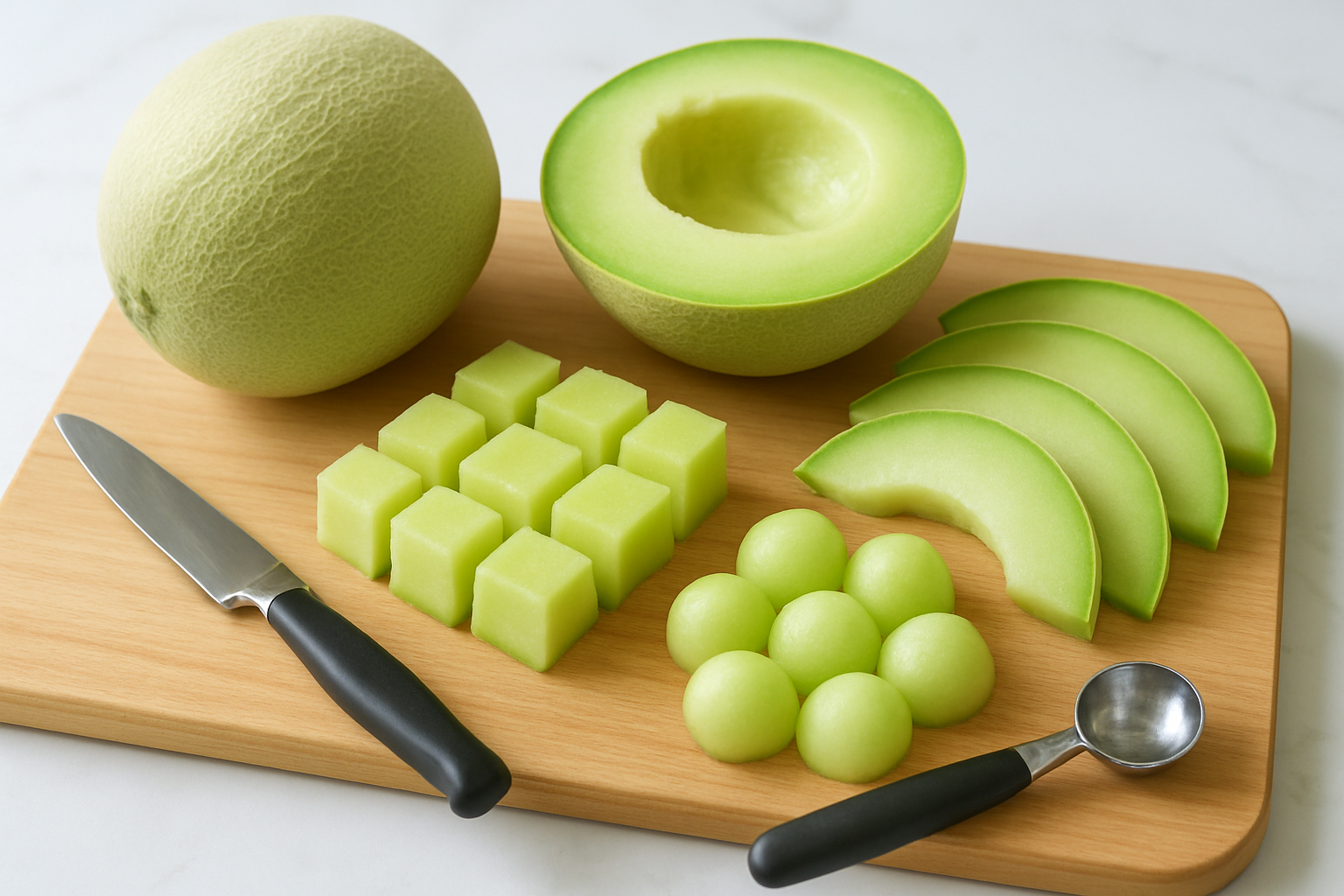 Create a realistic image of fresh honeydew melon prepared in various ways on a clean wooden cutting board, showing whole melon, halved melon with seeds removed, neat cubes, thin slices, and melon balls arranged attractively, with a sharp knife and melon baller nearby, bright natural kitchen lighting from above, fresh and appetizing presentation on white marble countertop background, absolutely NO text should be in the scene.