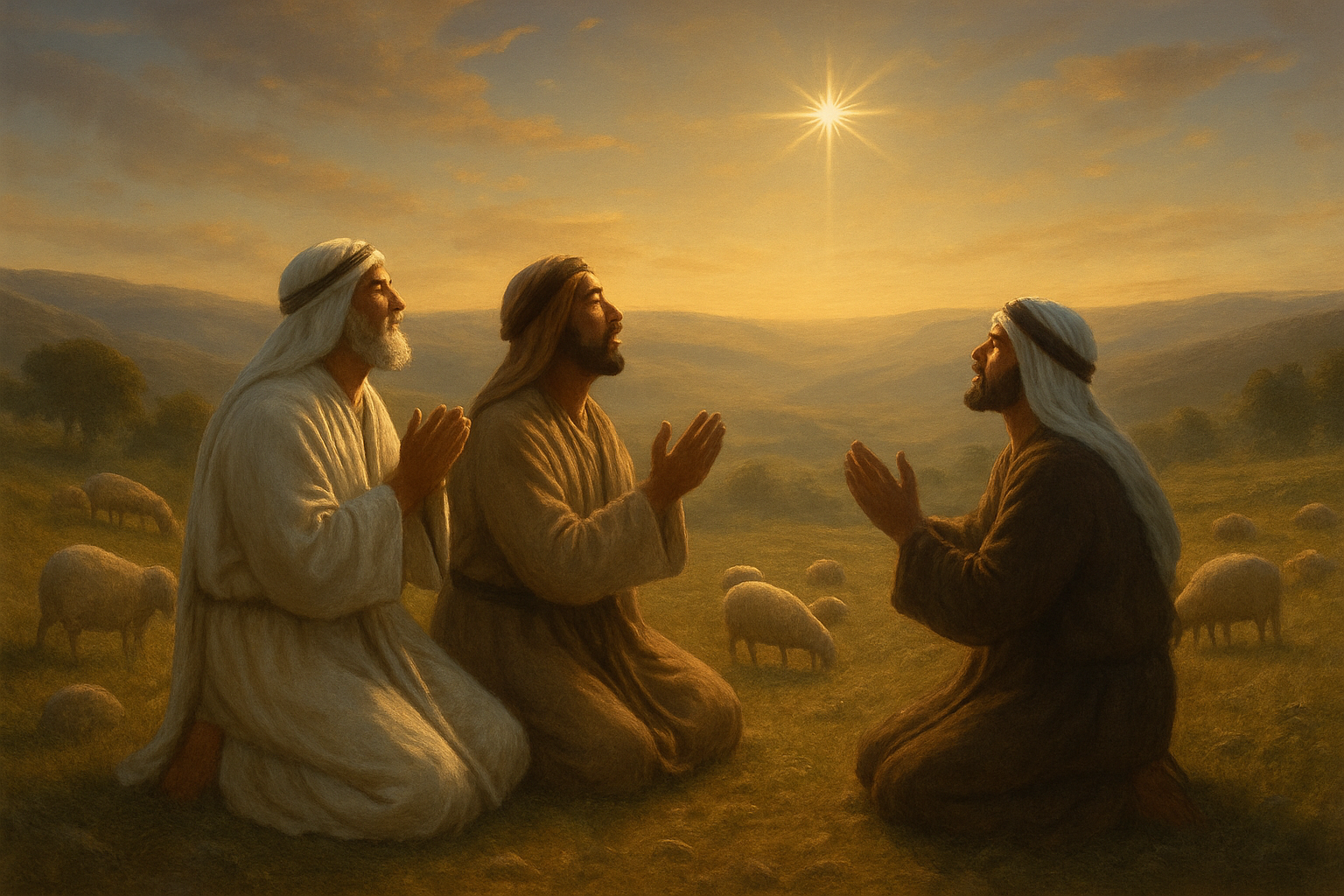 Create a realistic image of a peaceful hillside at dawn with ancient Middle Eastern shepherds, including both white and Arab male figures wearing traditional robes, kneeling in worship and awe while gazing toward a bright star in the lightening sky, with sheep grazing peacefully nearby, rolling hills in the background, soft golden morning light casting gentle shadows across the pastoral landscape, creating a reverent and hopeful atmosphere that symbolizes divine revelation and humble faith, absolutely NO text should be in the scene.