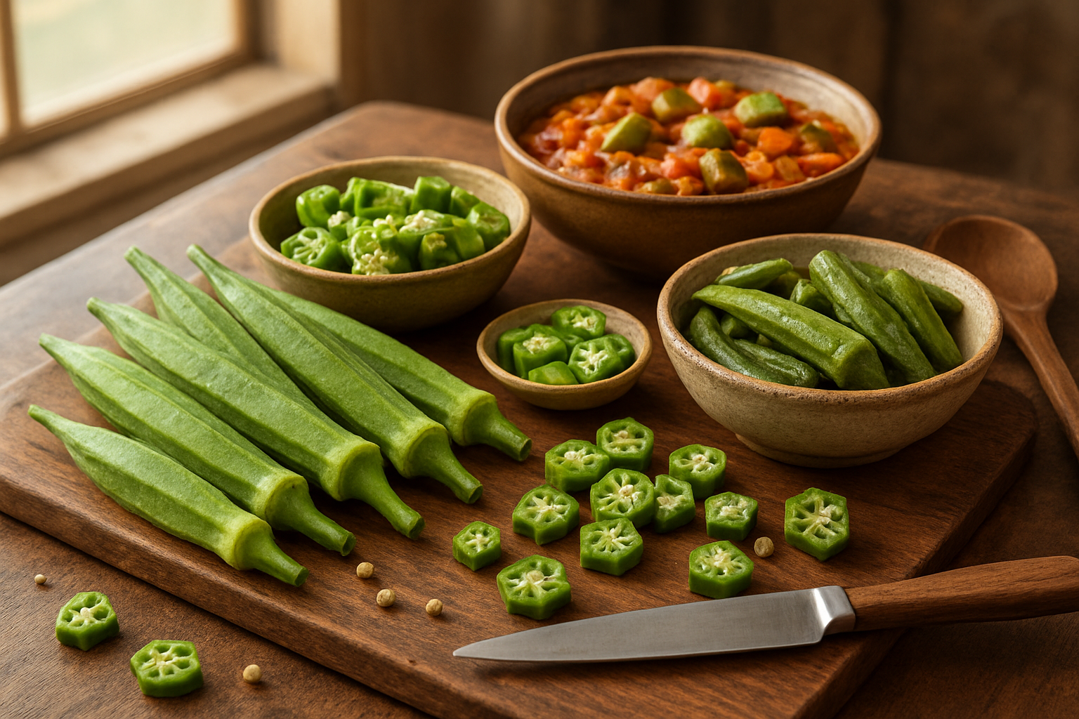 Create a realistic image of fresh green okra pods arranged on a rustic wooden cutting board alongside colorful prepared okra dishes including sliced okra rings, whole cooked okra, and okra in a traditional stew, with scattered okra seeds and cross-sectioned pods showing the interior star pattern, surrounded by cooking utensils like a sharp knife and wooden spoon, set against a warm kitchen background with soft natural lighting from a window, creating an inviting culinary atmosphere that showcases okra's versatility from raw ingredient to finished dishes, absolutely NO text should be in the scene.