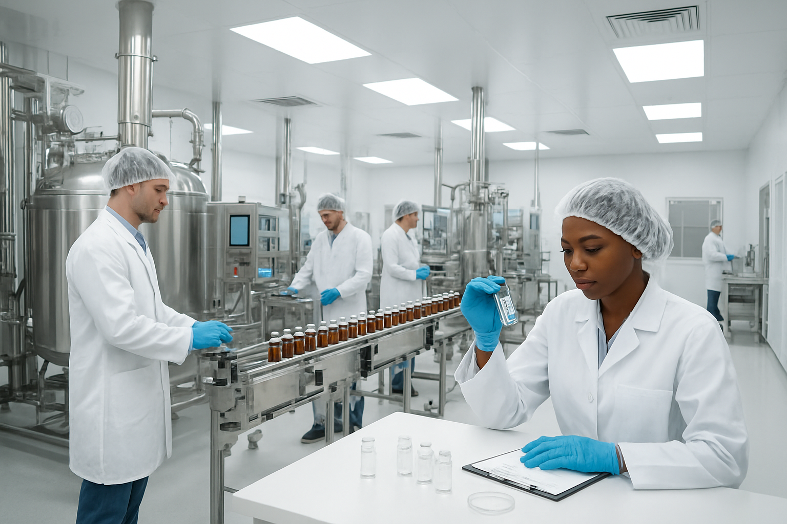 Create a realistic image of a modern pharmaceutical manufacturing facility interior showcasing clean, sterile production equipment including stainless steel mixing tanks, conveyor belts with medicine bottles, and quality control stations, featuring a diverse team of technicians wearing white lab coats, hairnets, and protective gloves - including a black female scientist examining samples at a laboratory bench and a white male technician monitoring digital control panels, with bright white LED lighting illuminating the spotless environment, pristine white walls and floors, air filtration systems visible on the ceiling, and various pharmaceutical machinery operating in perfect order, capturing the essence of strict quality standards and regulatory compliance in a professional healthcare manufacturing setting, absolutely NO text should be in the scene.