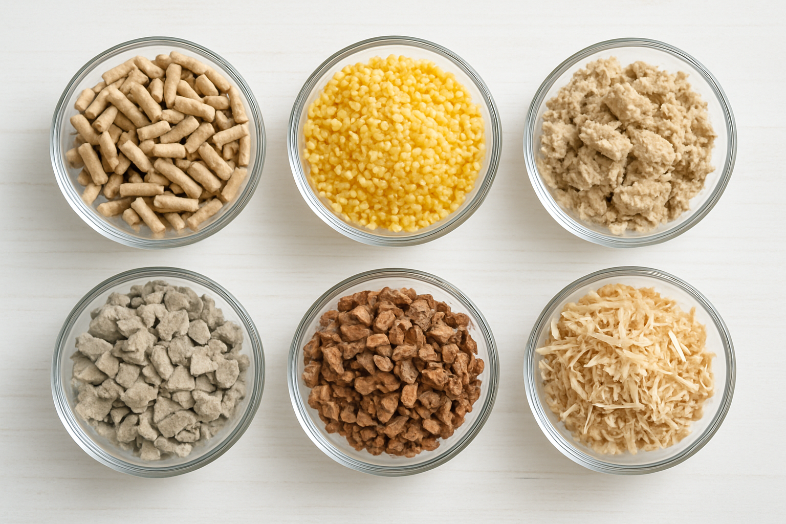 Create a realistic image of various eco-friendly cat litter materials displayed in separate clear glass bowls on a clean white wooden surface, showing wood pellets, corn-based granules, wheat-based clumps, recycled paper pieces, walnut shell fragments, and pine shavings, each material distinctly visible with natural textures and colors, soft natural lighting from above creating gentle shadows, clean and organized arrangement suggesting environmental consciousness, Absolutely NO text should be in the scene.