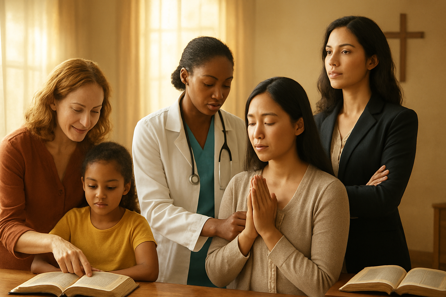 Create a realistic image of a diverse group of women of different races (white, black, Hispanic, Asian) engaged in various meaningful activities that represent purpose and calling - one woman teaching children, another providing medical care, one in prayer or contemplation, and another in a leadership role, set in a warm, naturally lit environment with soft golden lighting streaming through windows, conveying a sense of divine purpose and empowerment, with gentle expressions of peace and determination on their faces, surrounded by subtle religious symbols like an open Bible on a nearby table, absolutely NO text should be in the scene.