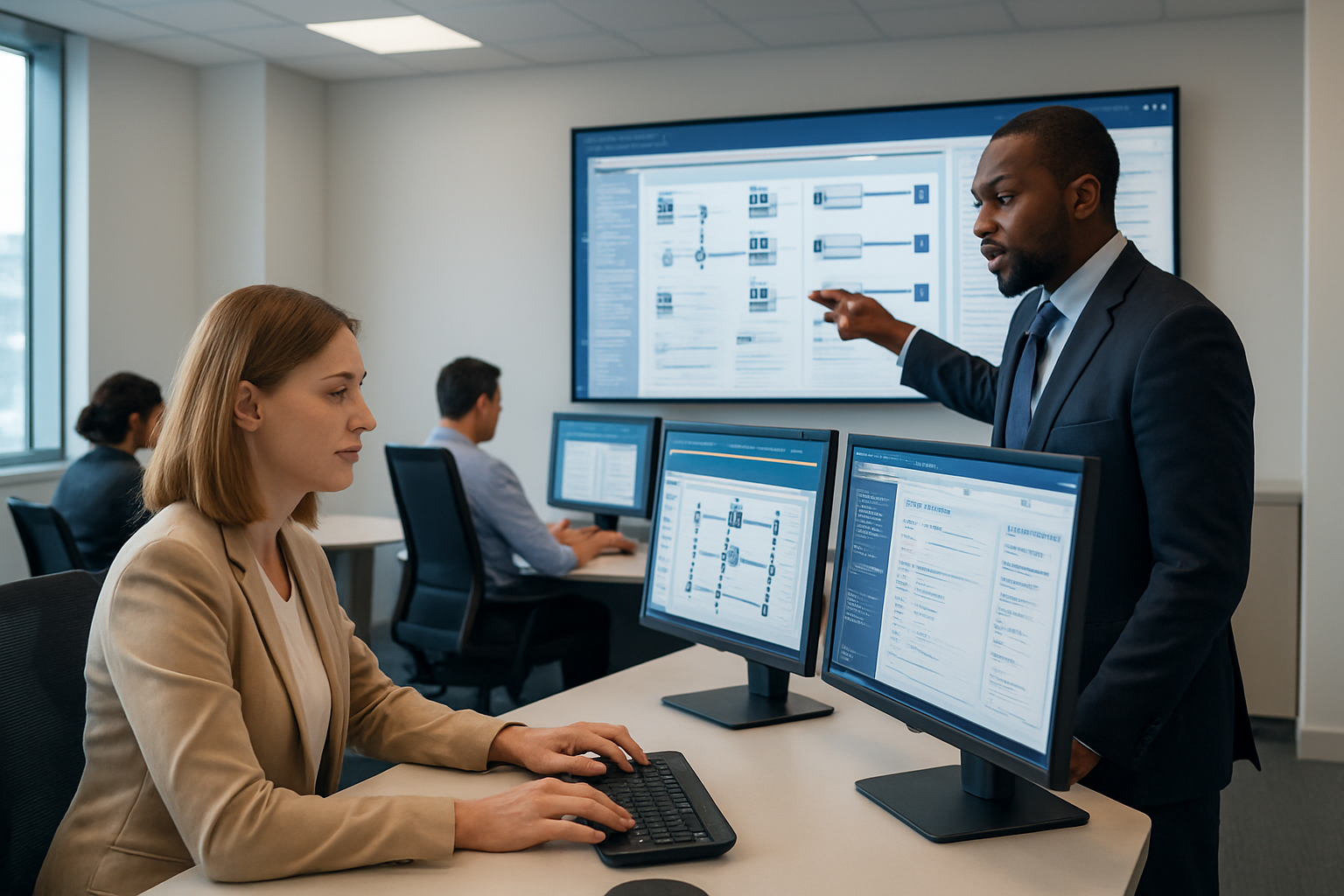 Create a realistic image of a modern government office environment showing digital transformation of administrative operations, featuring multiple computer workstations with advanced AI-powered software interfaces displaying workflow management dashboards, automated document processing systems, and digital filing systems, with a diverse group of government employees including a white female administrator at a computer terminal and a black male supervisor reviewing digital workflows on a large wall-mounted display, the scene set in a bright, contemporary office space with clean lines and professional lighting, conveying efficiency and technological advancement, absolutely NO text should be in the scene.