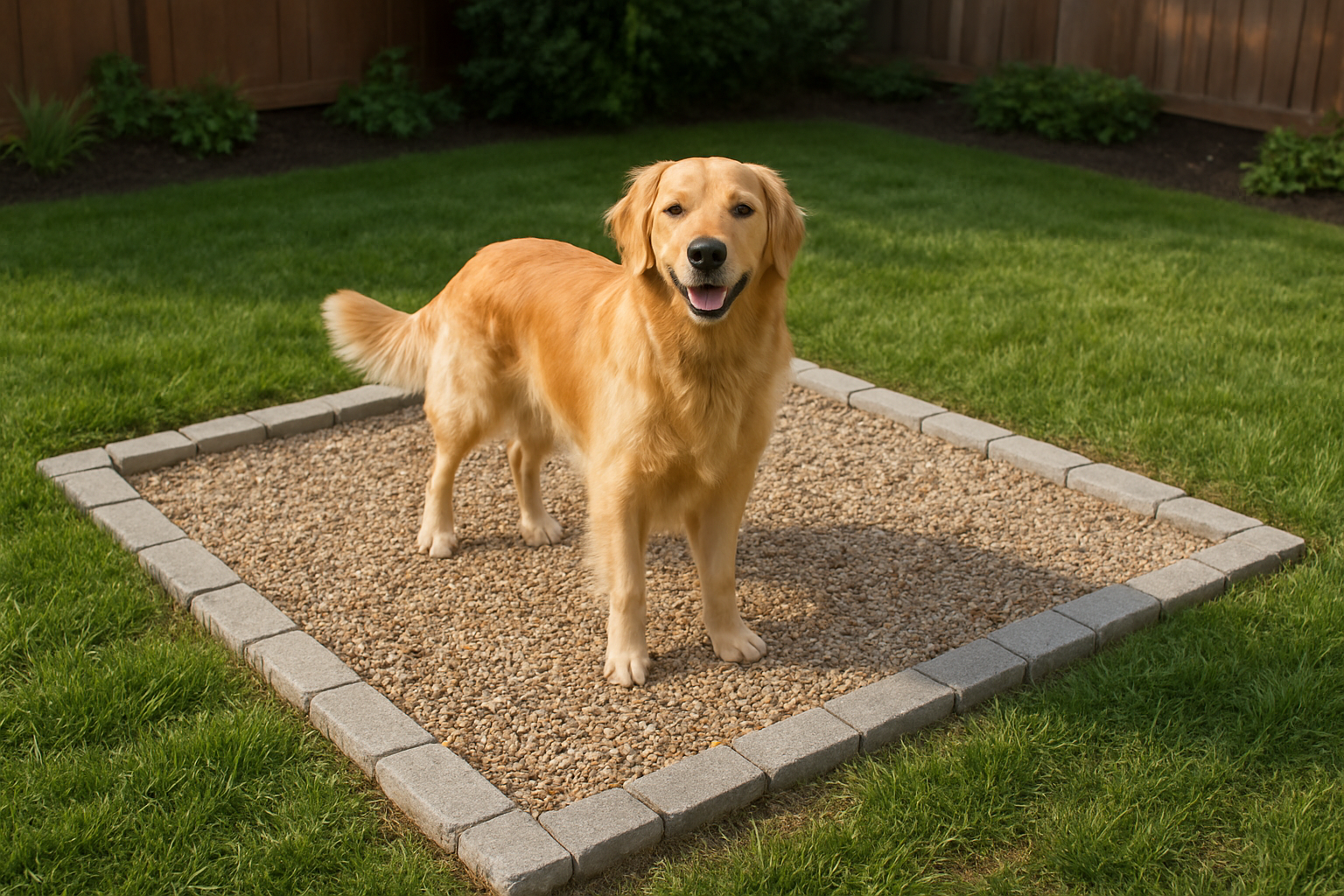 Create a realistic image of a beautifully completed backyard dog potty area showing a well-maintained rectangular gravel surface with proper drainage, surrounded by a neat border of stones or pavers, with a happy golden retriever dog standing on the designated area, set in a clean backyard with green grass around the perimeter, natural daylight with soft shadows, demonstrating the successful end result of a DIY project with professional-quality drainage and surface materials visible. Absolutely NO text should be in the scene.